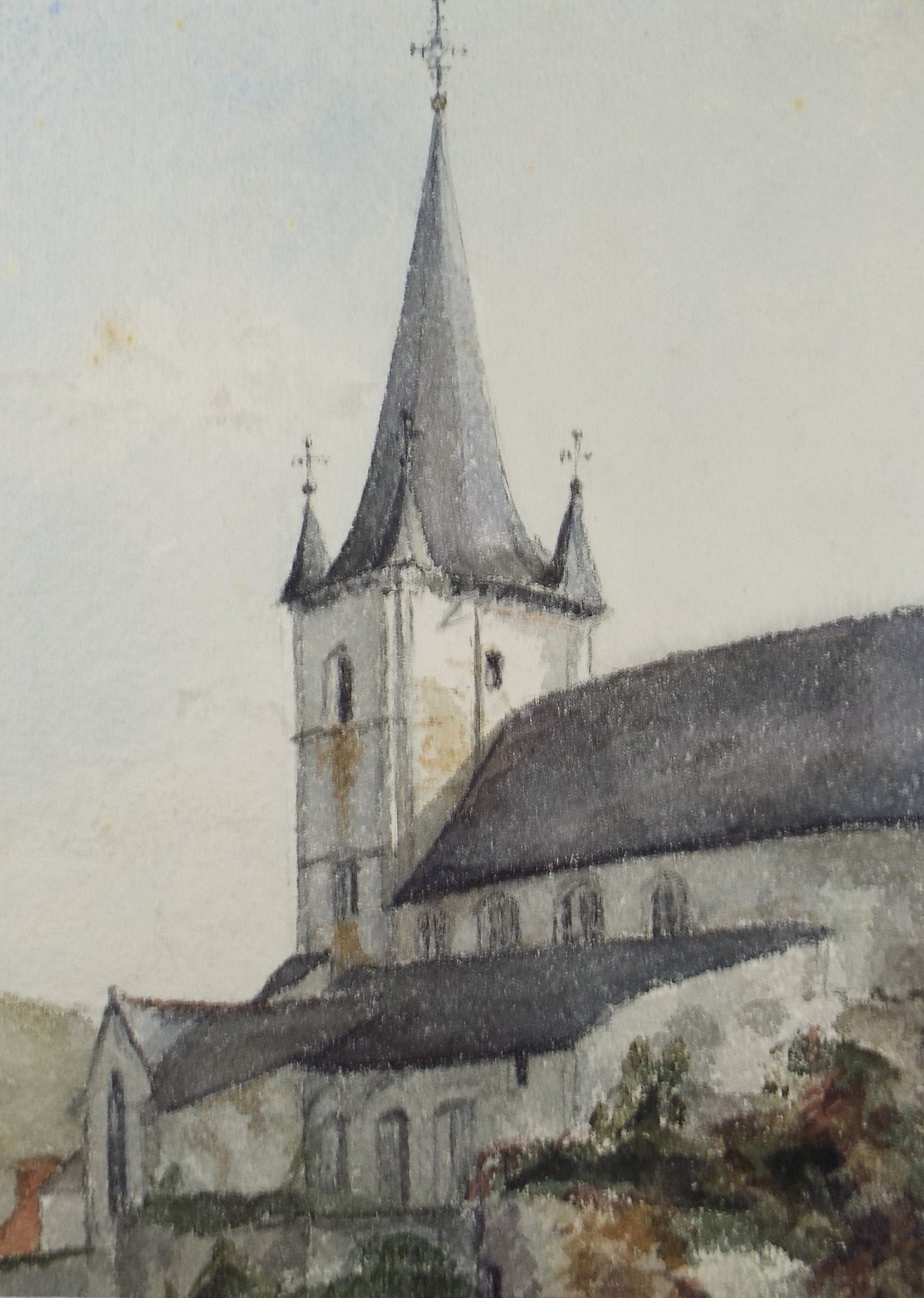 Original Watercolour, 'French Church, artist unknown, Circa 1870's