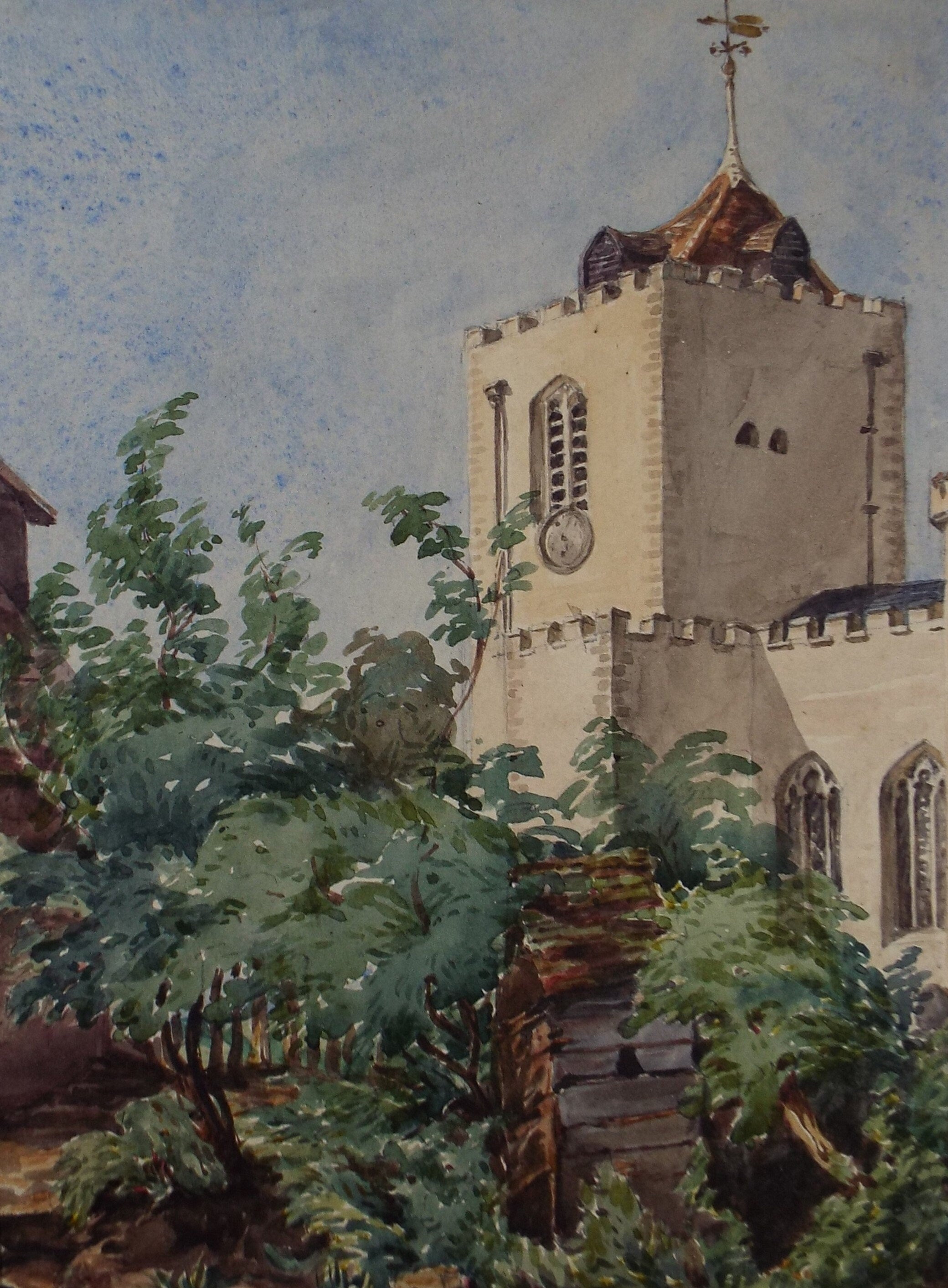 Original Watercolour, 'Village Church', Circa 1890, Artist Unknown