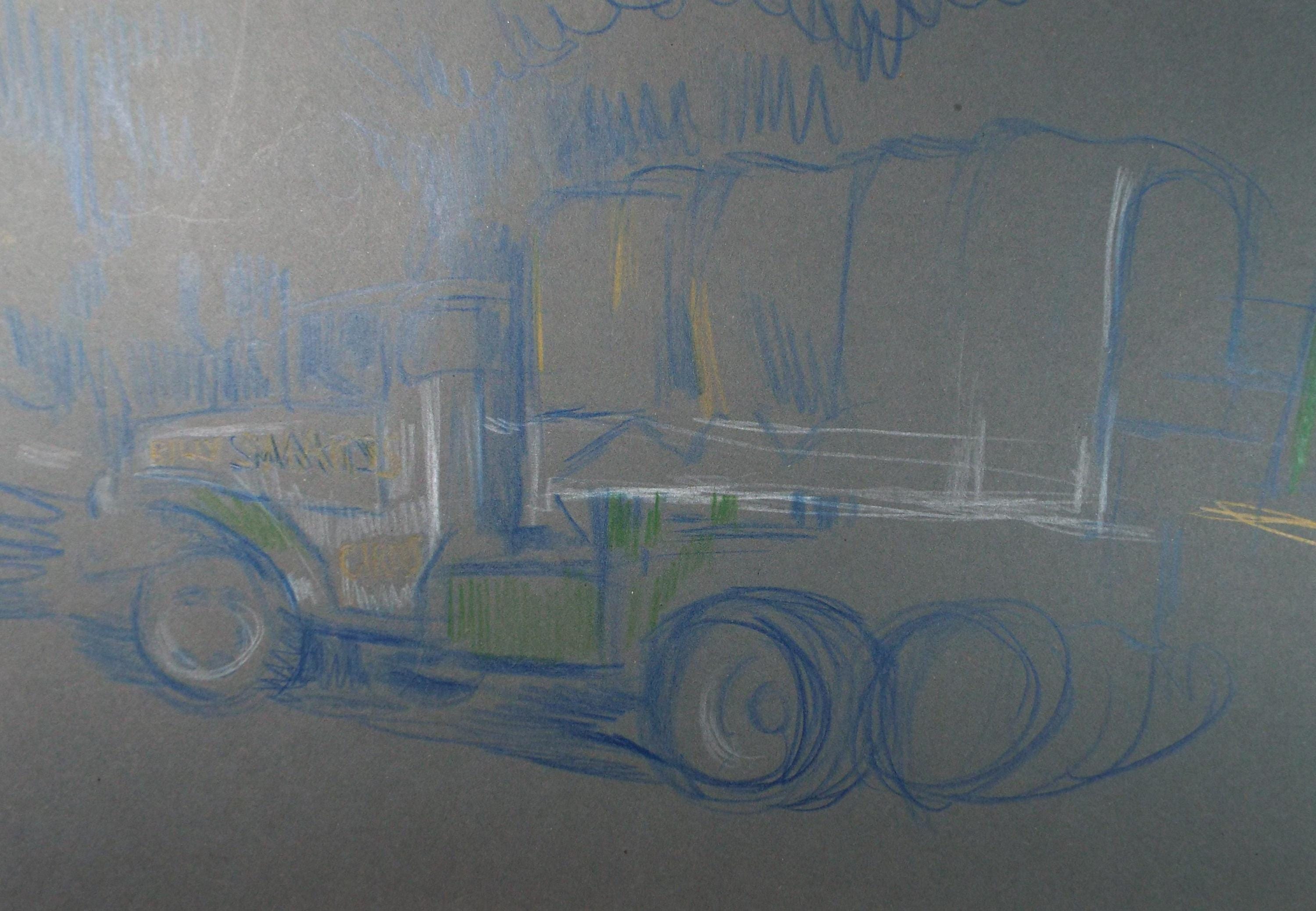 Original Pastel Drawing, 'Circus Lorry', c1950s, Athene Andrade (1908-1973)