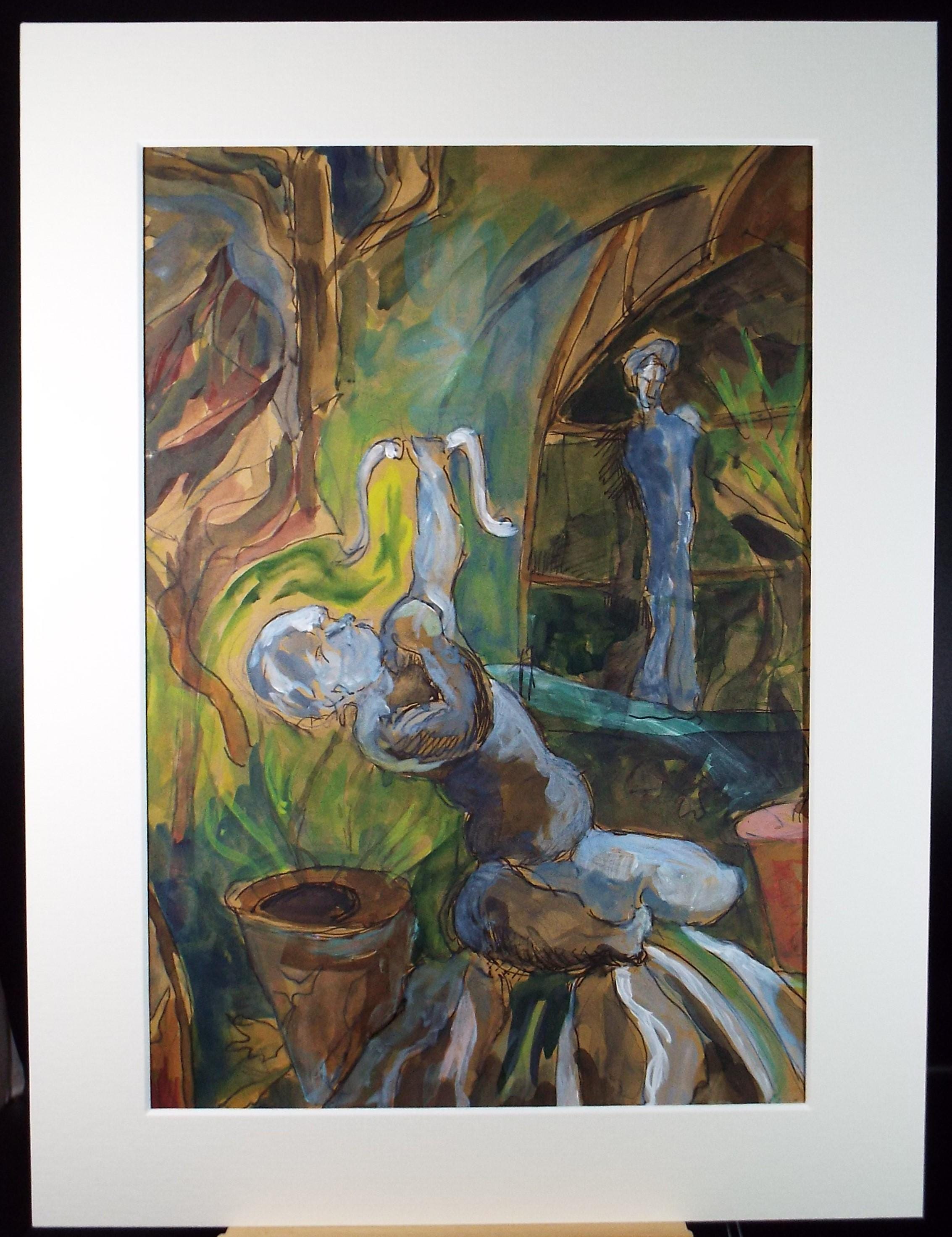 Original Gouache, 'Garden Statues', circa 1990's, Elizabeth Duncan Meyer