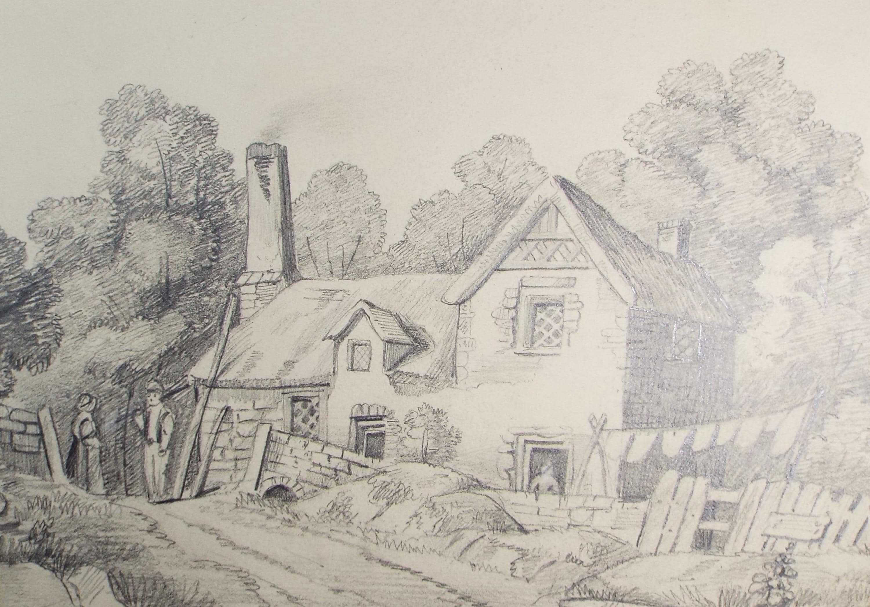 Original Pencil Drawing, 'Country Cottages', mid 19th century, artist unknown