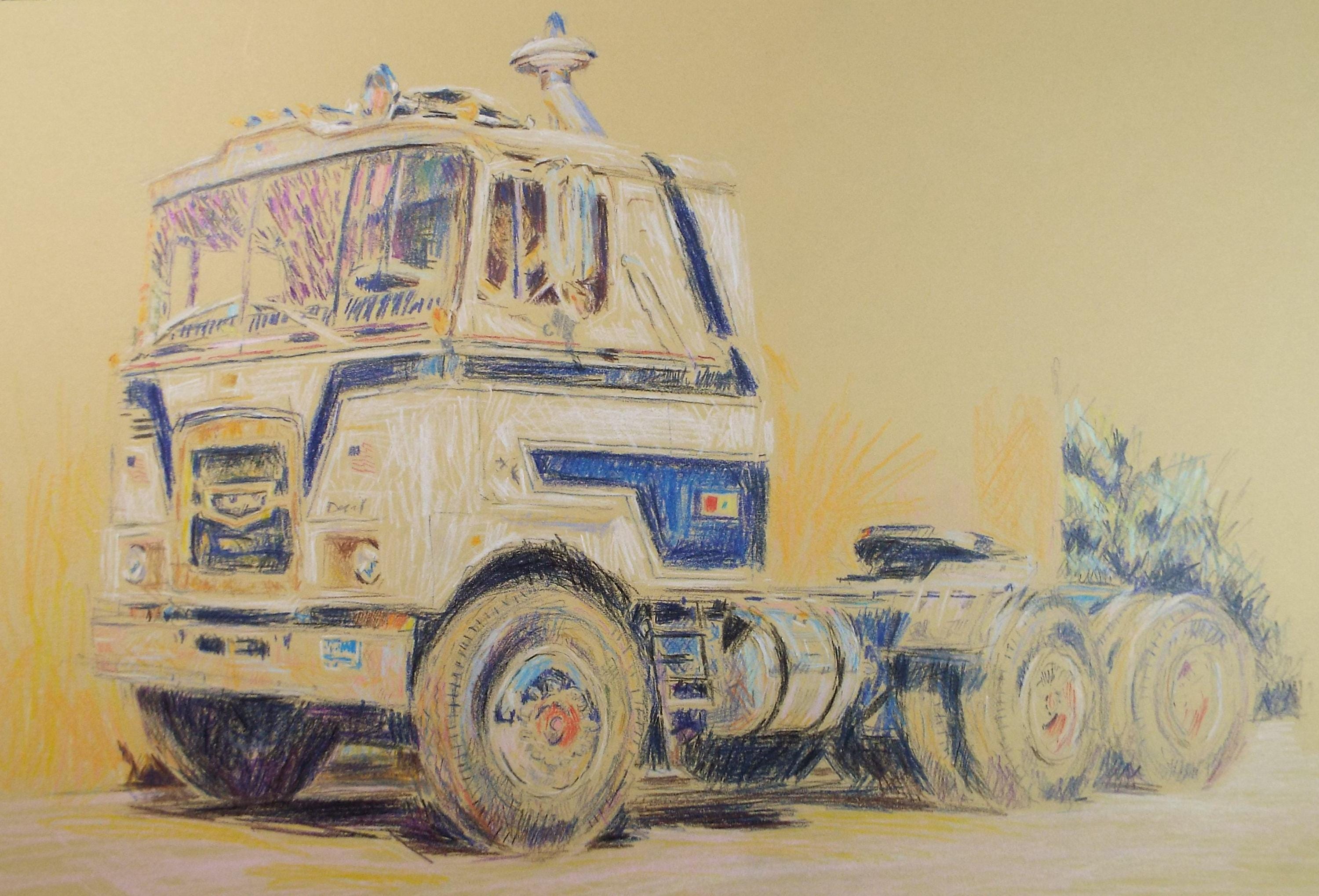 Original Pencil drawing '1970's Tractor Unit, Roger Alsop, 1970's