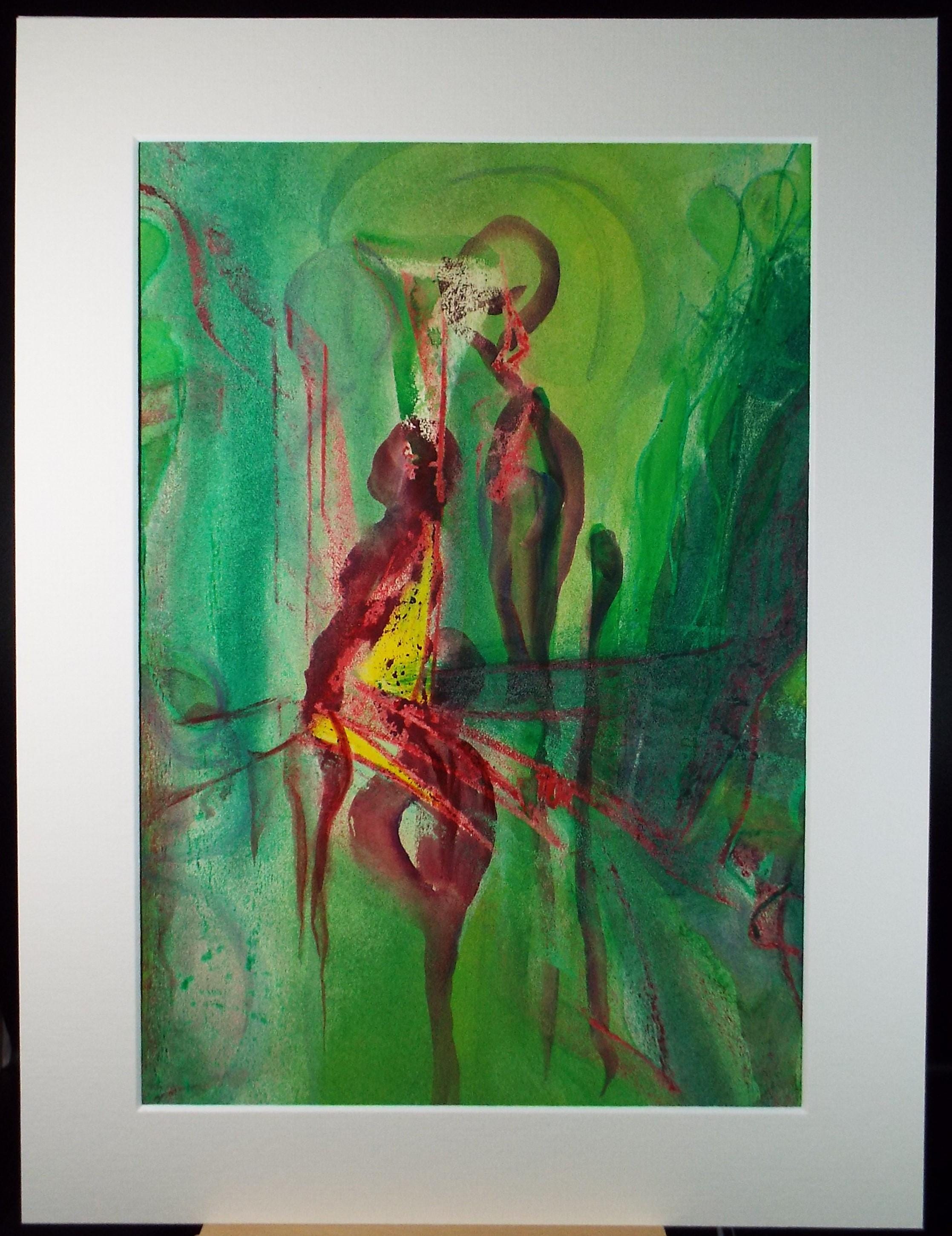 Original Watercolour, 'Abstract Figure in Green', June Bevan, Circa 1990's