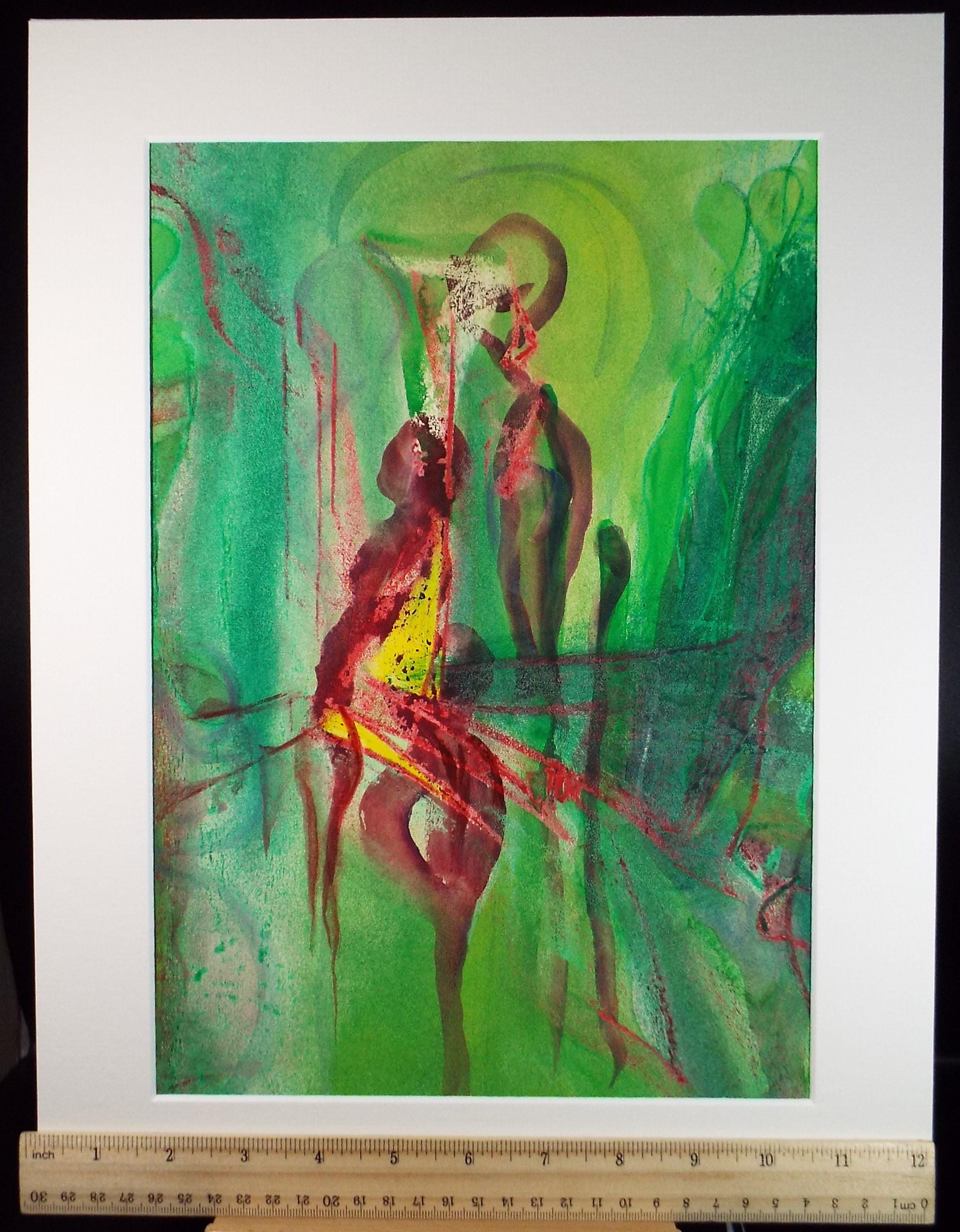 Original Watercolour, 'Abstract Figure in Green', June Bevan, Circa 1990's