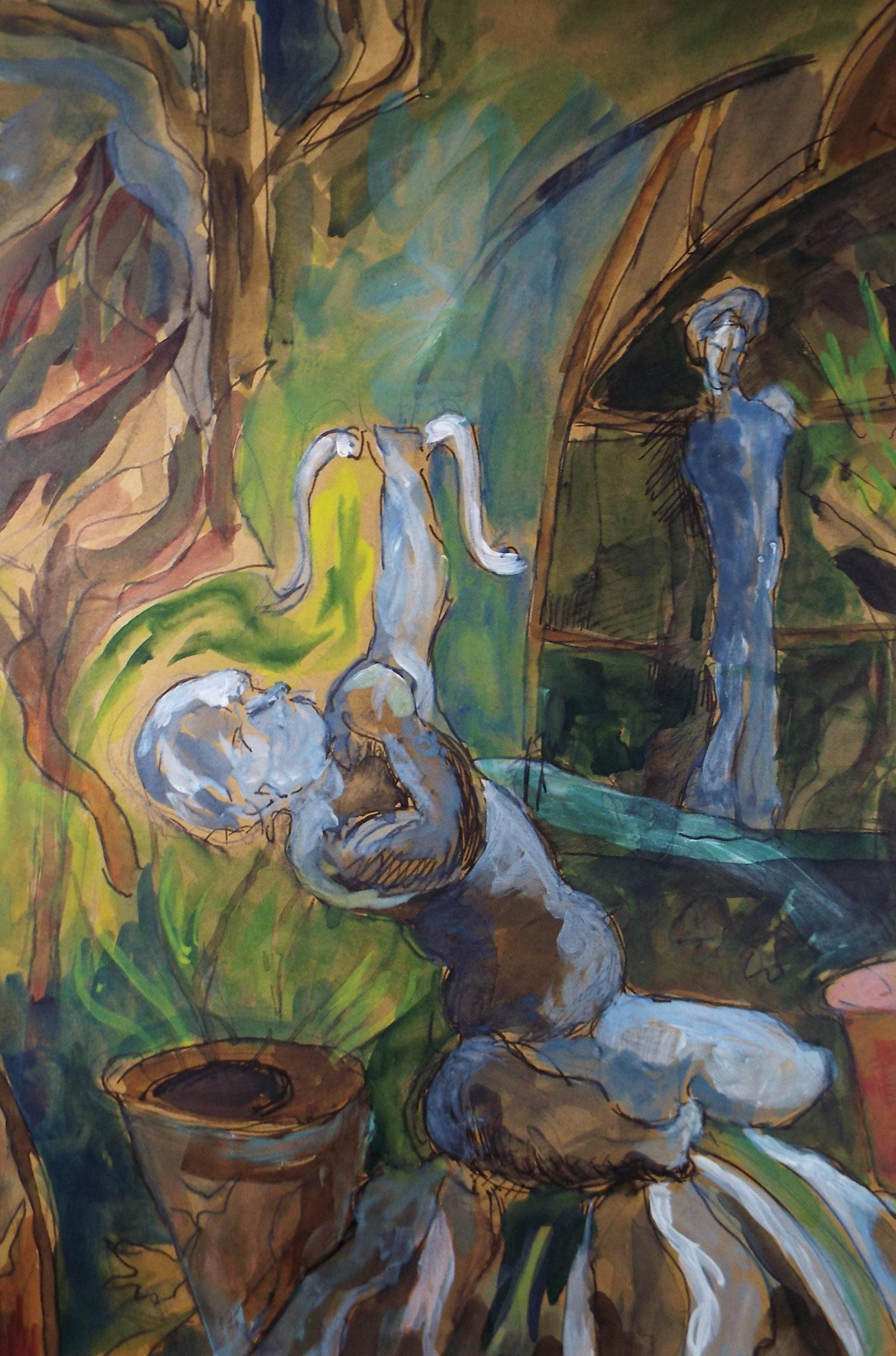 Original Gouache, 'Garden Statues', circa 1990's, Elizabeth Duncan Meyer