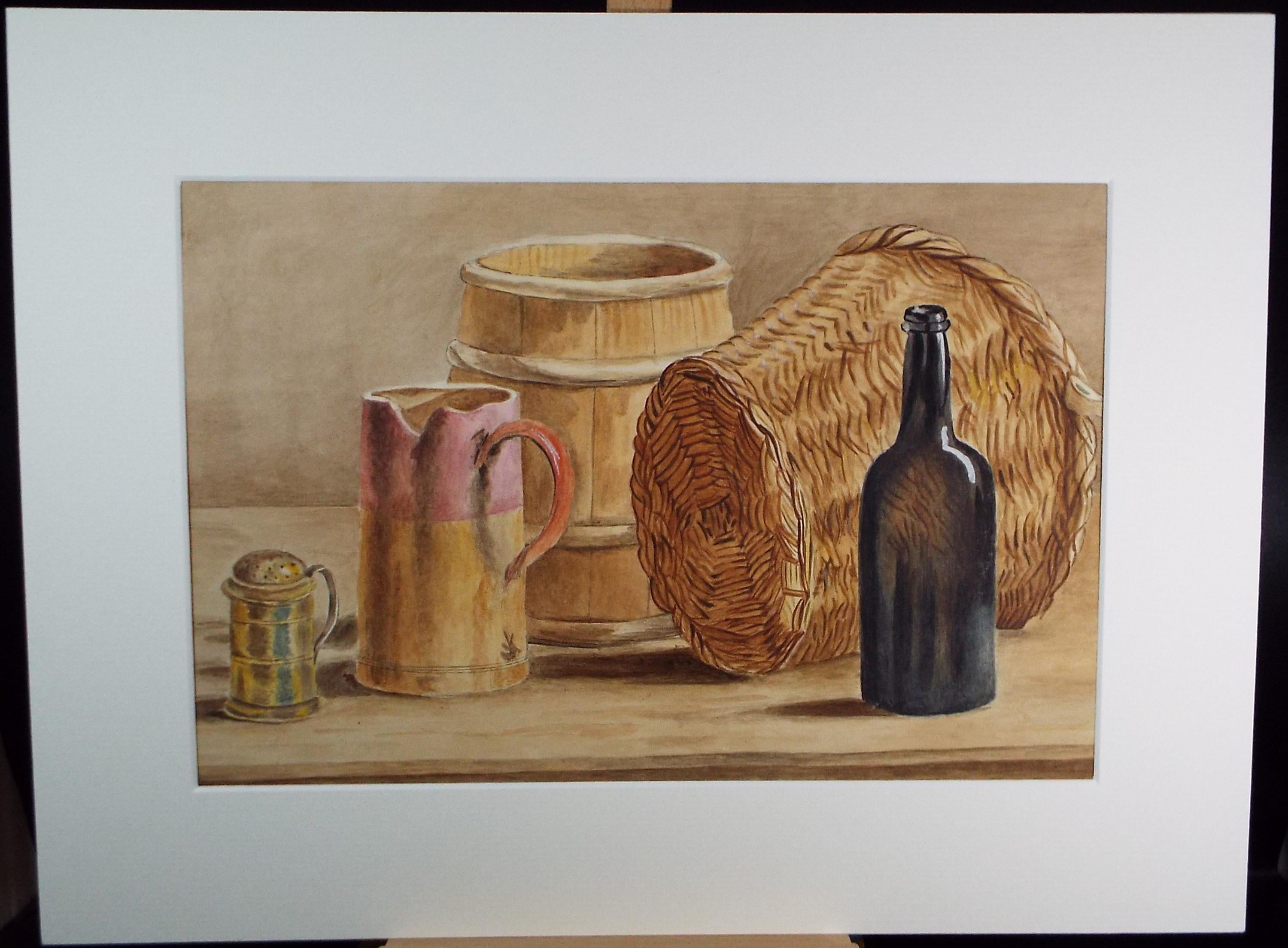 Original Watercolour, 'Still Life of Baskets and Bottles',circa 1880, unknown artist