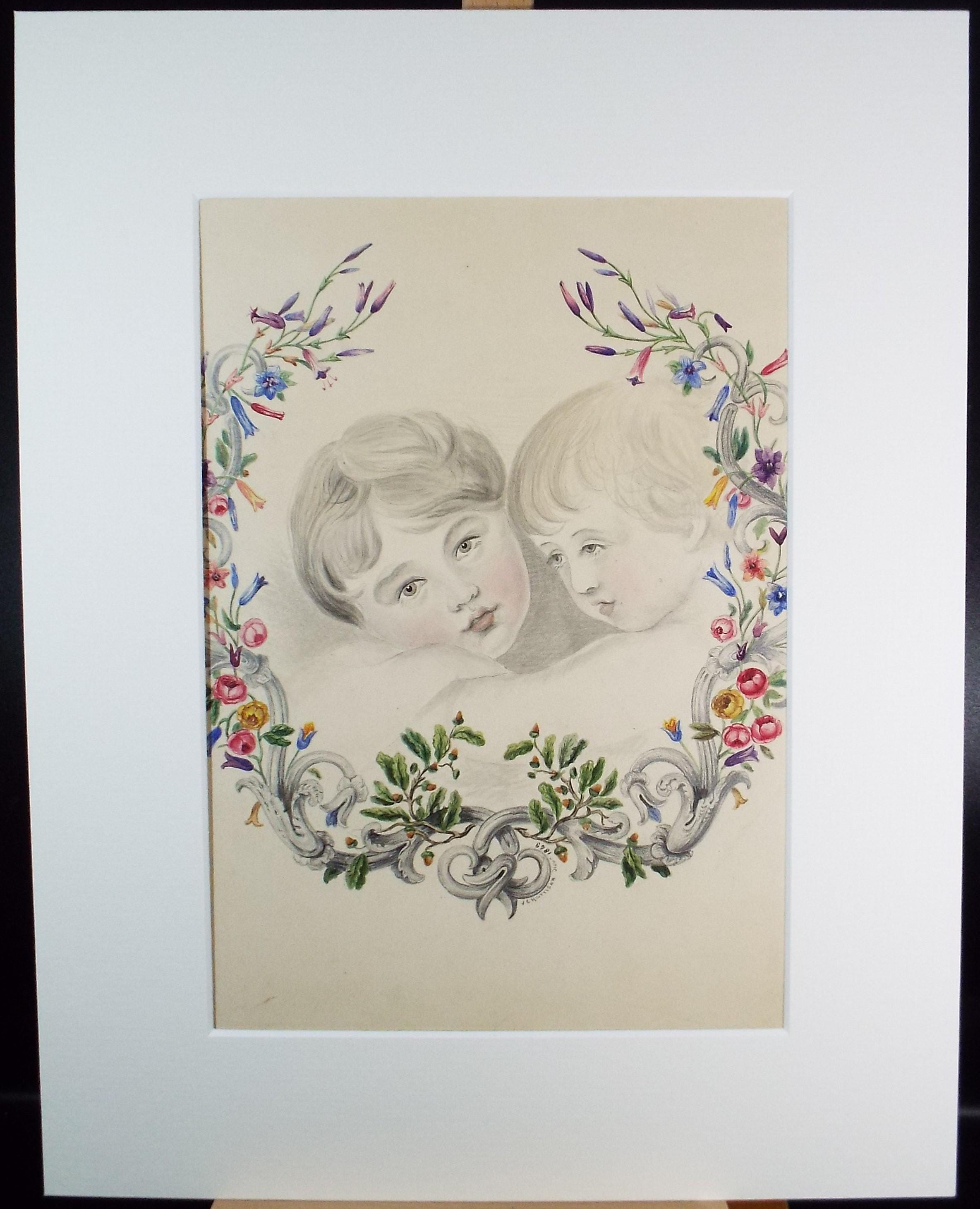 Original Pencil & watercolour Drawing,'Two Sisters', Artist Unknown, Late 19th Century