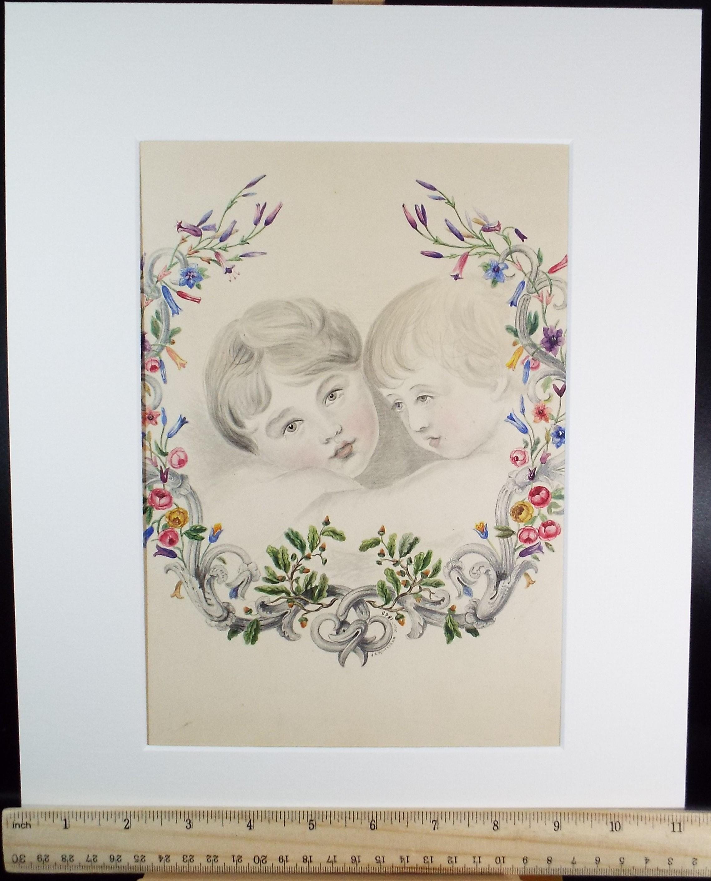 Original Pencil & watercolour Drawing,'Two Sisters', Artist Unknown, Late 19th Century