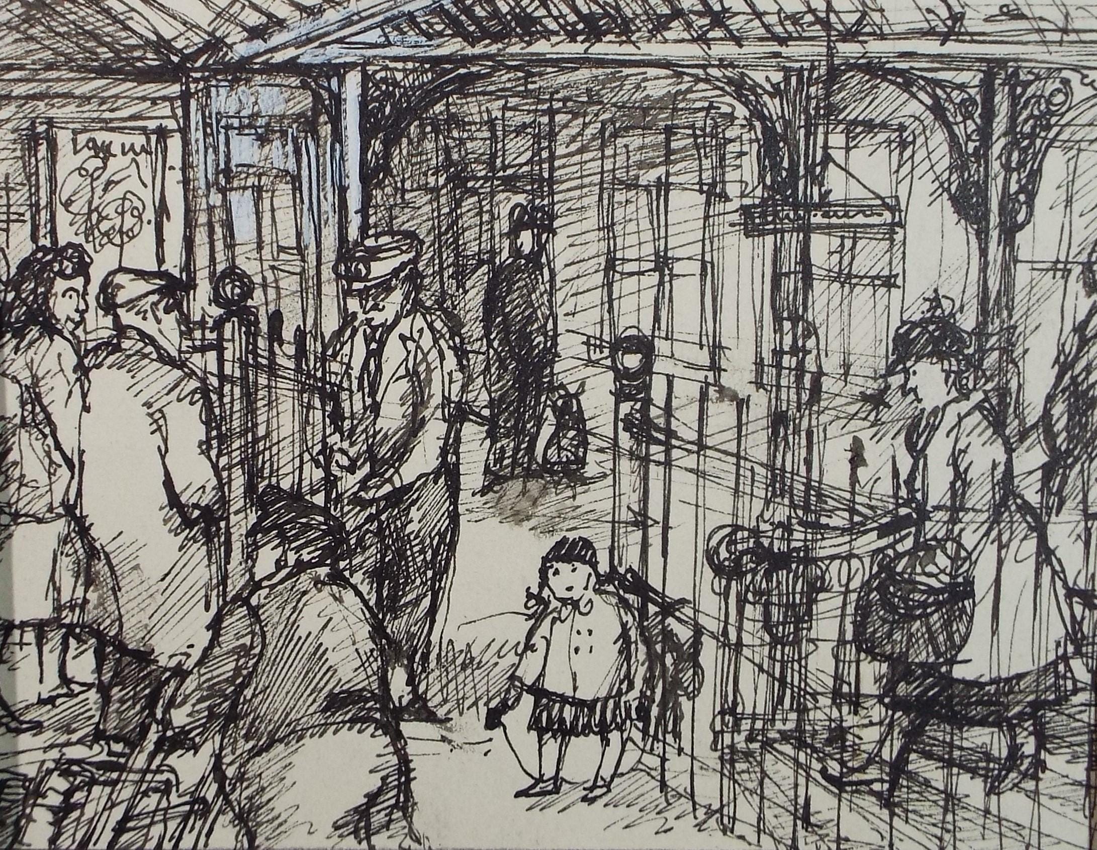 Original Pen & ink sketch, 'The arrival', C D Findlay, Dated 1953