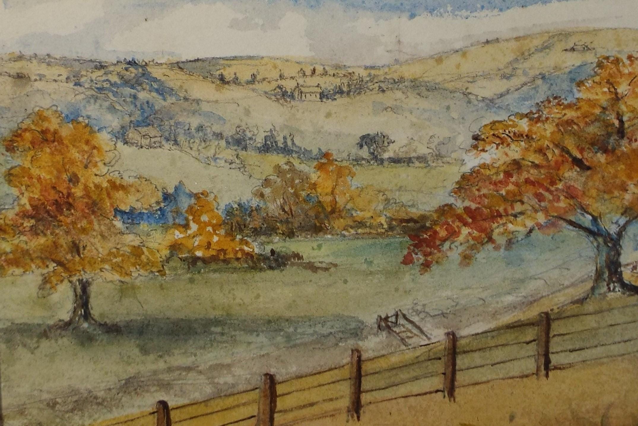 Original Watercolour, 'Autumn landscape', Artist Unknown, dated 1874