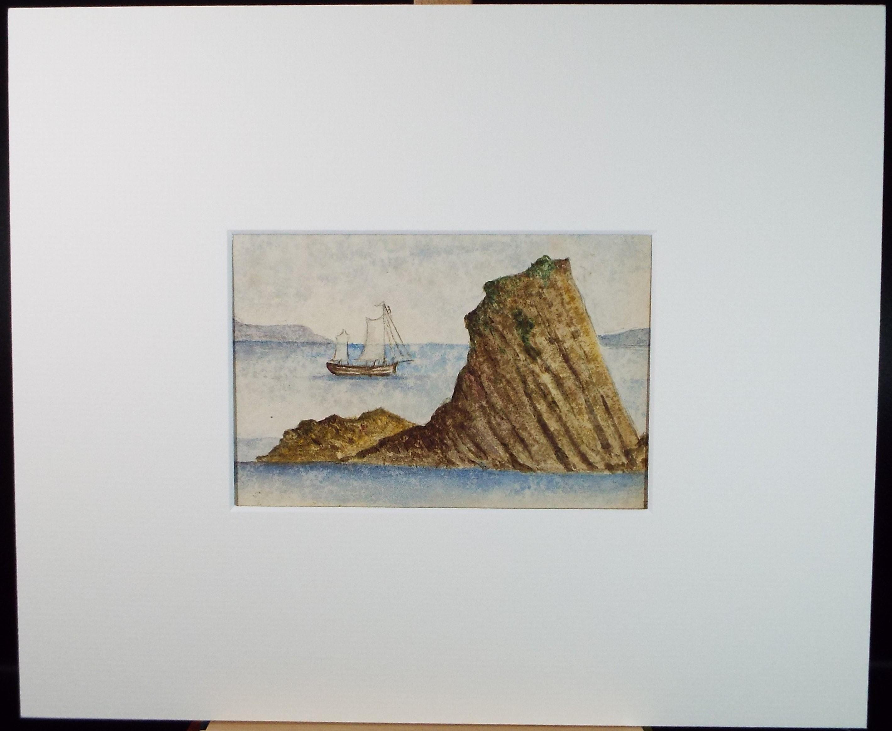 Original Watercolour circa 1890, 'Sailing off the coast', Unknown Artist - Marine Landscape