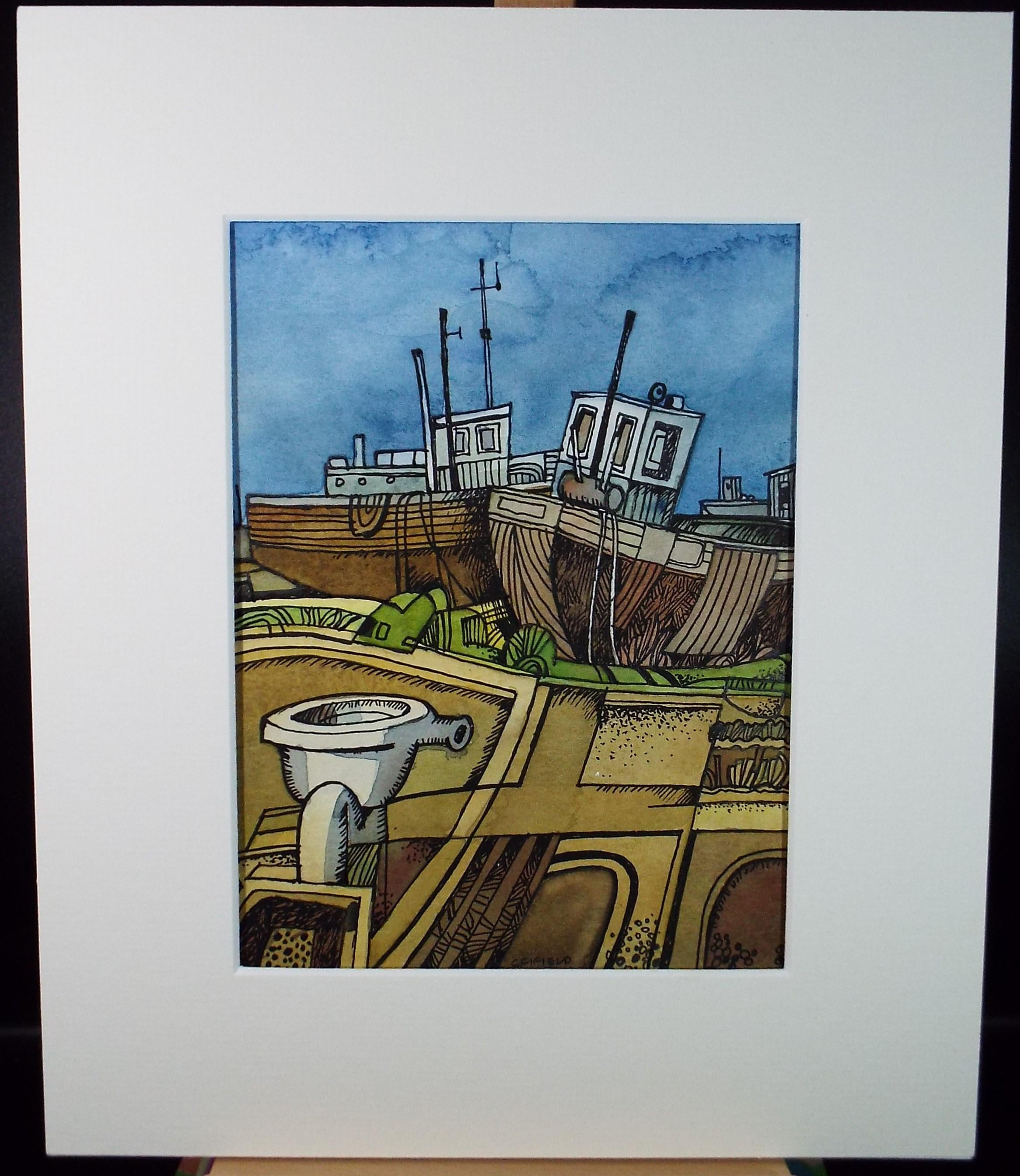 Original Watercolour & Ink , 'Boats at Dungeness', Colin Fifield (1940-2022), Dated 1998