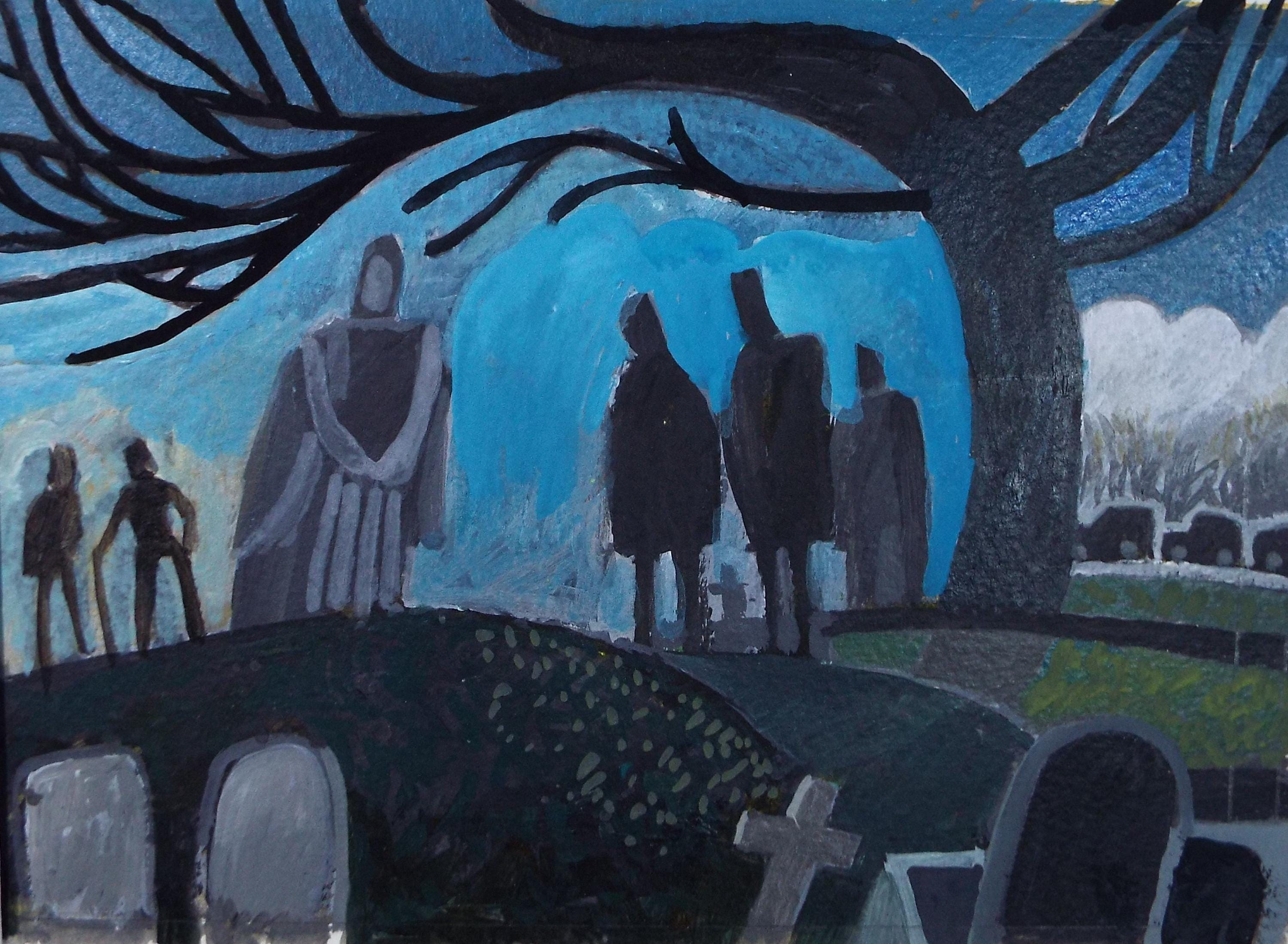 Original Watercolour Gouache , 'Figures in a Graveyard', Colin Fifield (1940-2022), circa 1980's