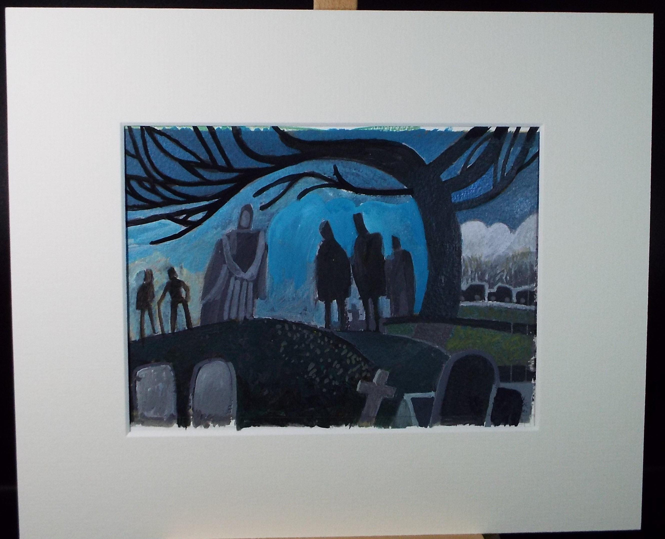 Original Watercolour Gouache , 'Figures in a Graveyard', Colin Fifield (1940-2022), circa 1980's