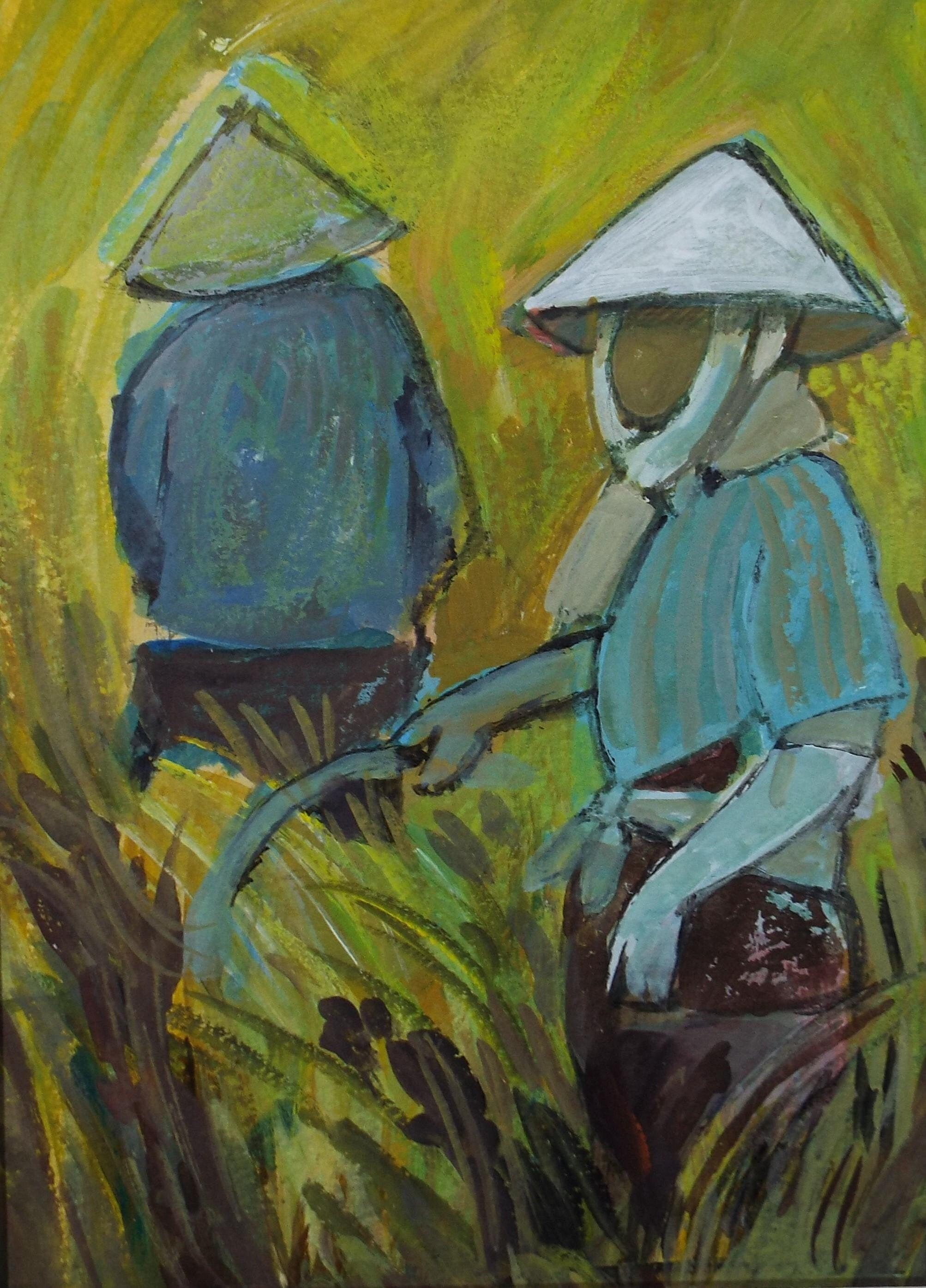 Original Watercolour Gouache , 'Harvesting Rice', Colin Fifield (1940-2022), circa 1980's