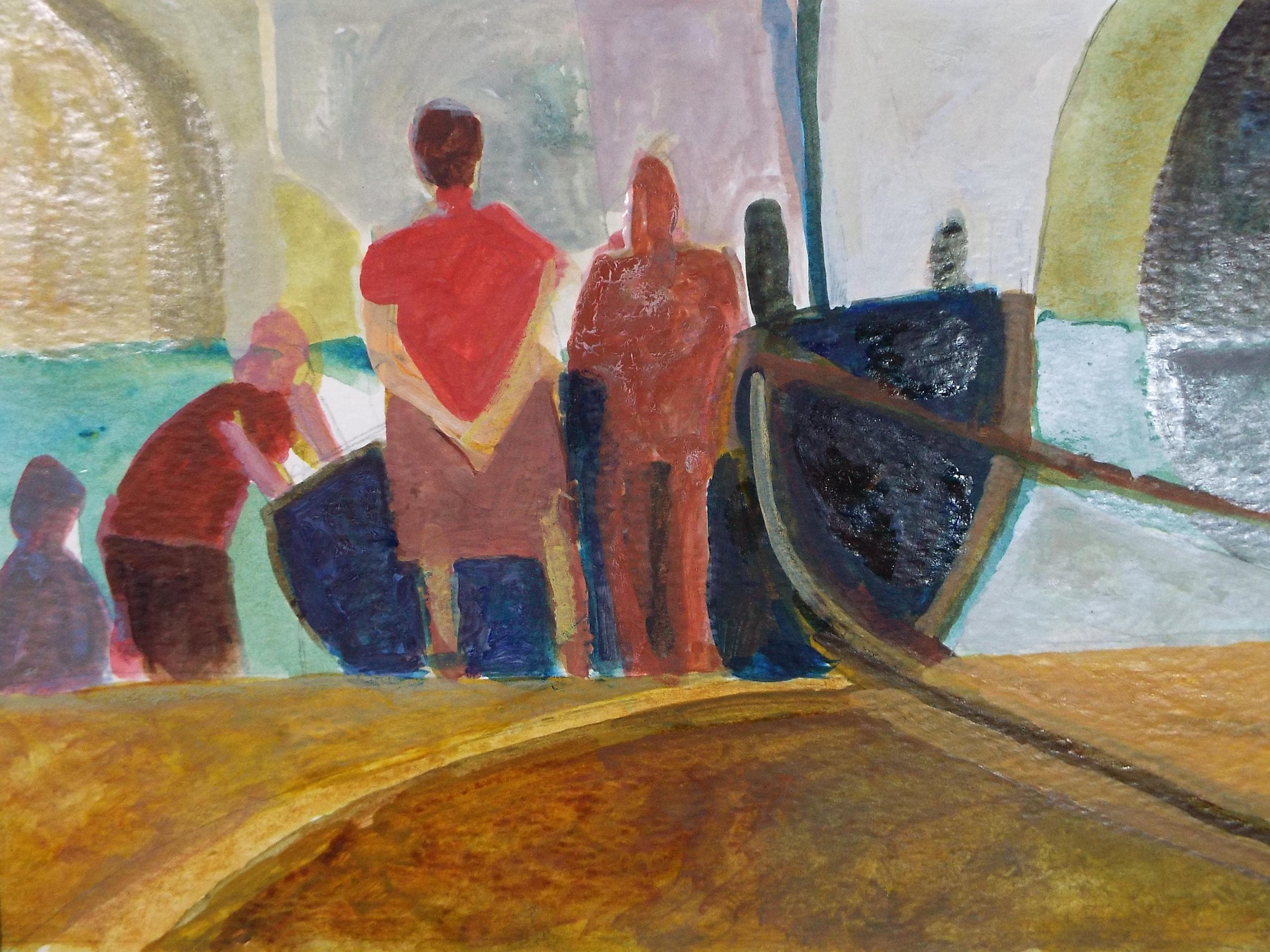 Original Watercolour Gouache , 'Figures and Boat on the shore', Colin Fifield (1940-2022), circa 1980's