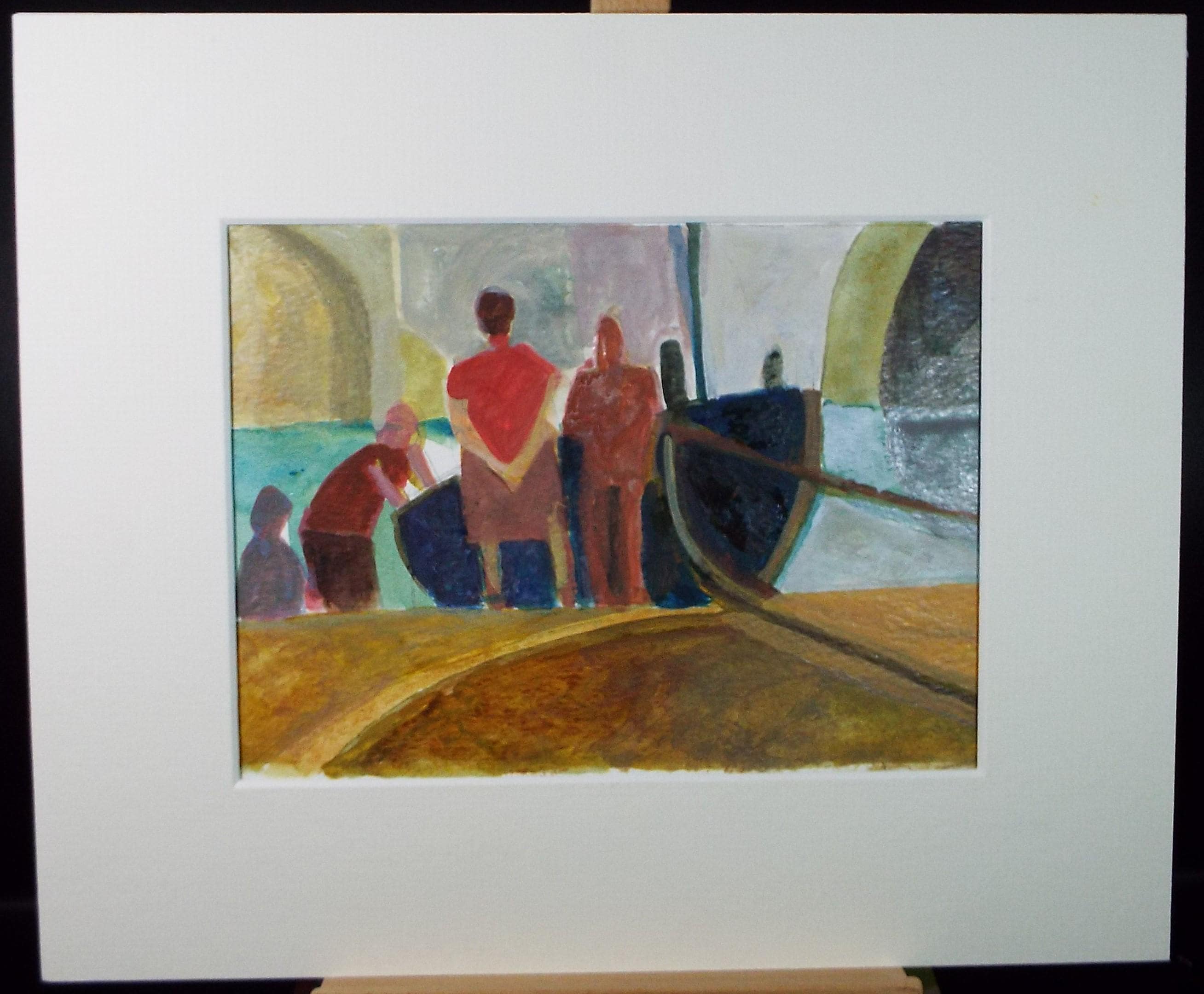 Original Watercolour Gouache , 'Figures and Boat on the shore', Colin Fifield (1940-2022), circa 1980's