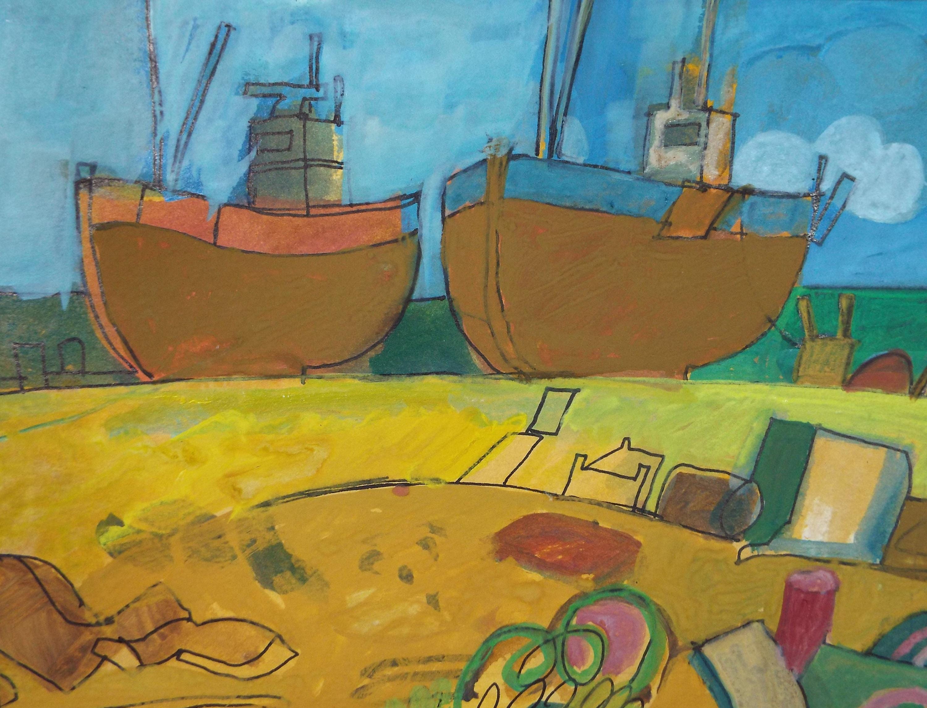 Original Watercolour Gouache , 'Boats on the shore', Colin Fifield (1940-2022), circa 1980's