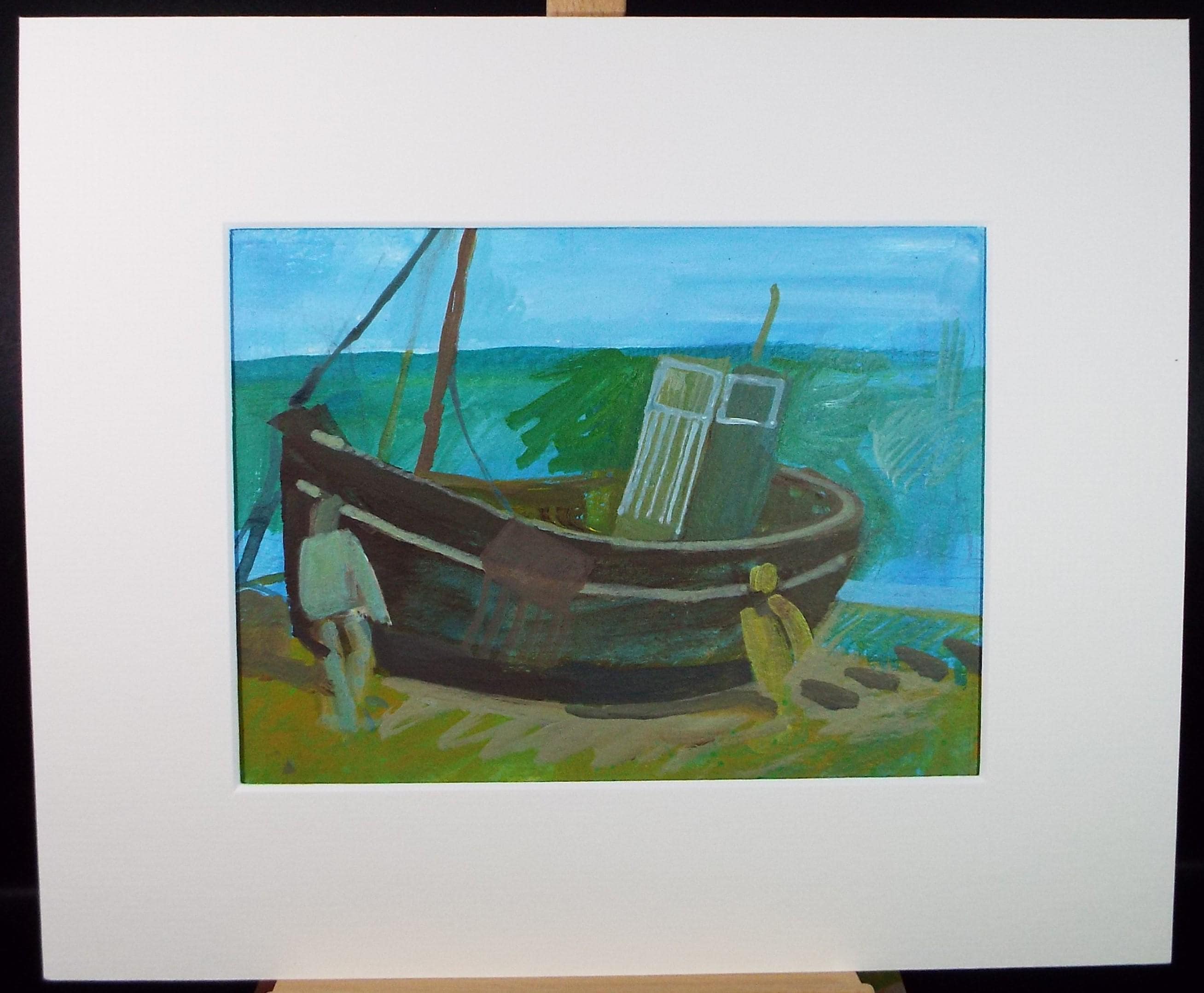 Original Watercolour Gouache , 'Figures and Boat on the shore', Colin Fifield (1940-2022), circa 1980's