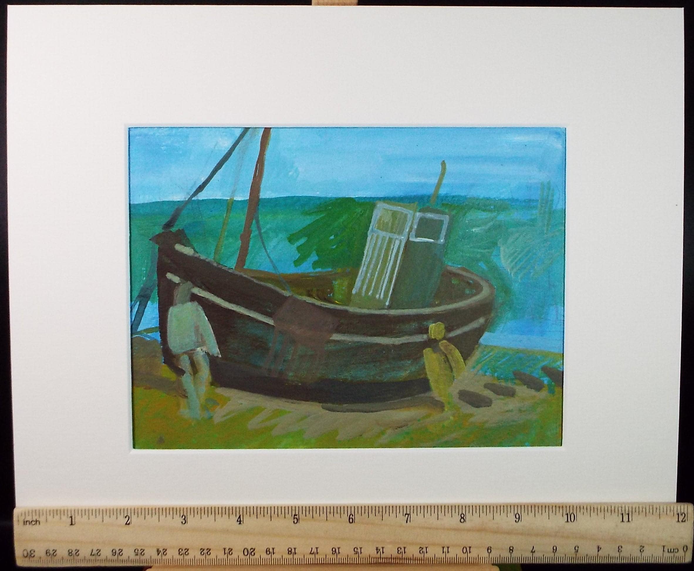 Original Watercolour Gouache , 'Figures and Boat on the shore', Colin Fifield (1940-2022), circa 1980's