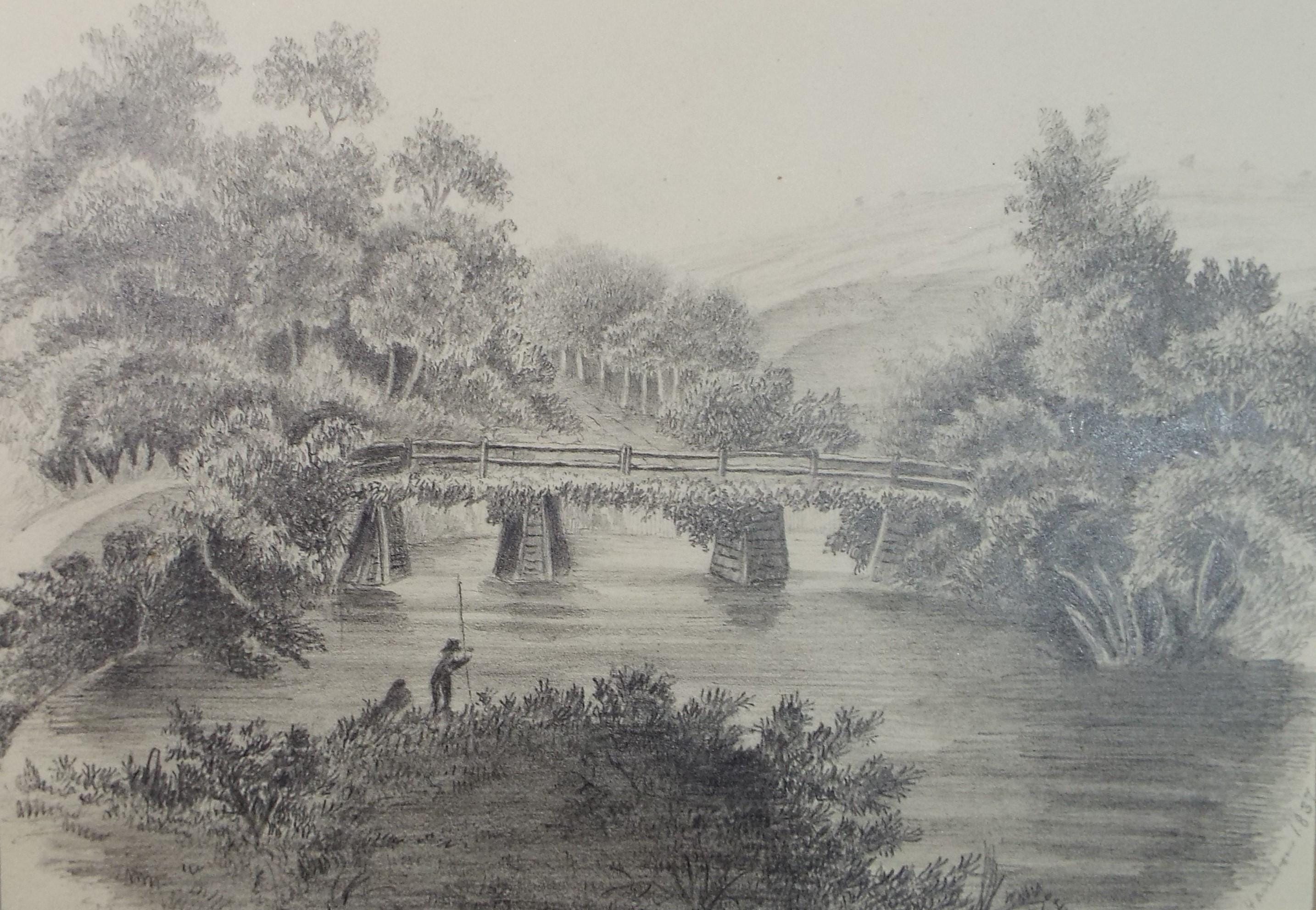 Original Pencil drawing, 'Fishing on the River', Circa 1850', artist unknown