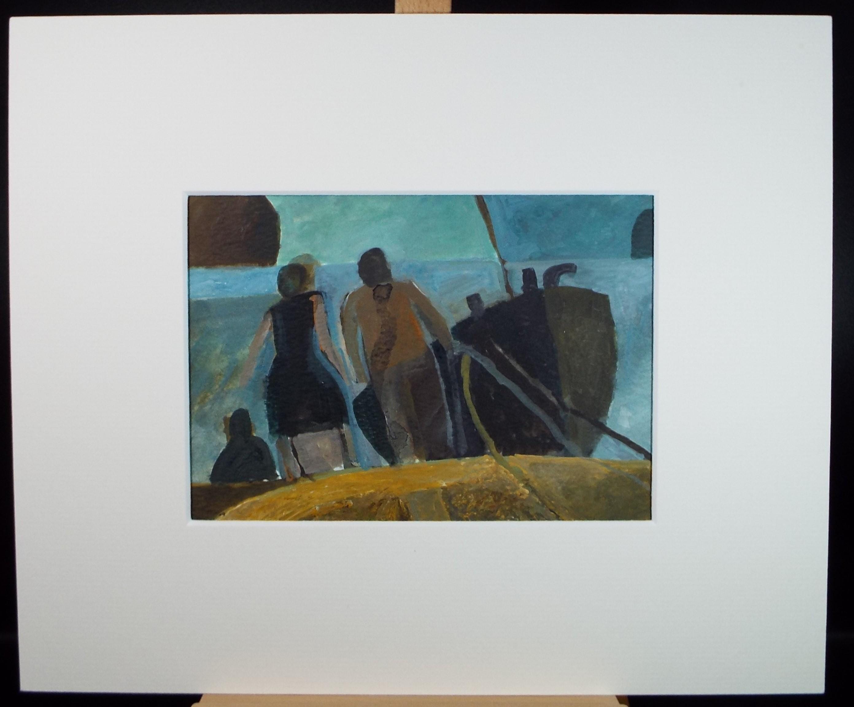 Original Watercolour Gouache , 'Figures and Boat on the shore', Colin Fifield (1940-2022), circa 1980's