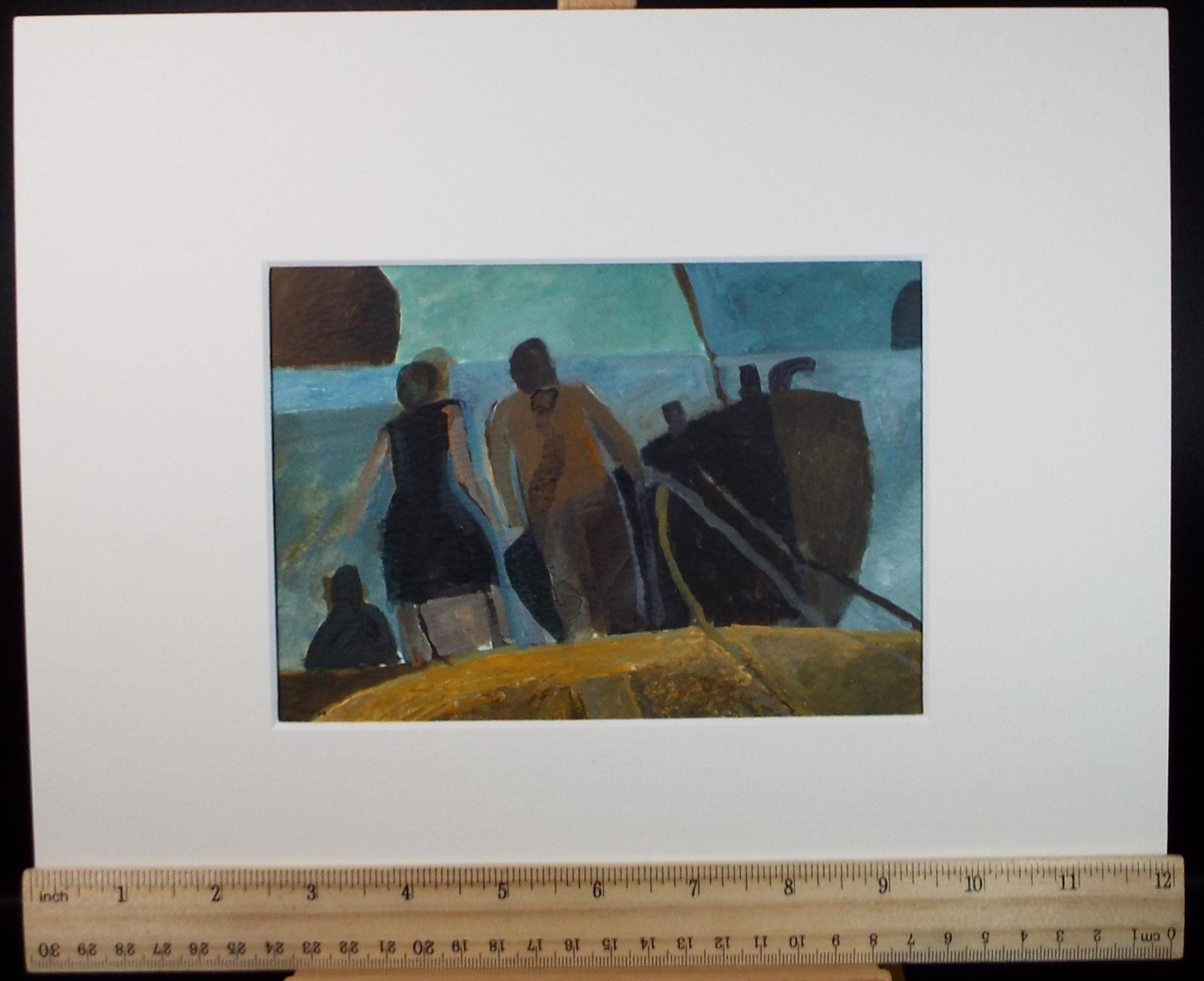 Original Watercolour Gouache , 'Figures and Boat on the shore', Colin Fifield (1940-2022), circa 1980's