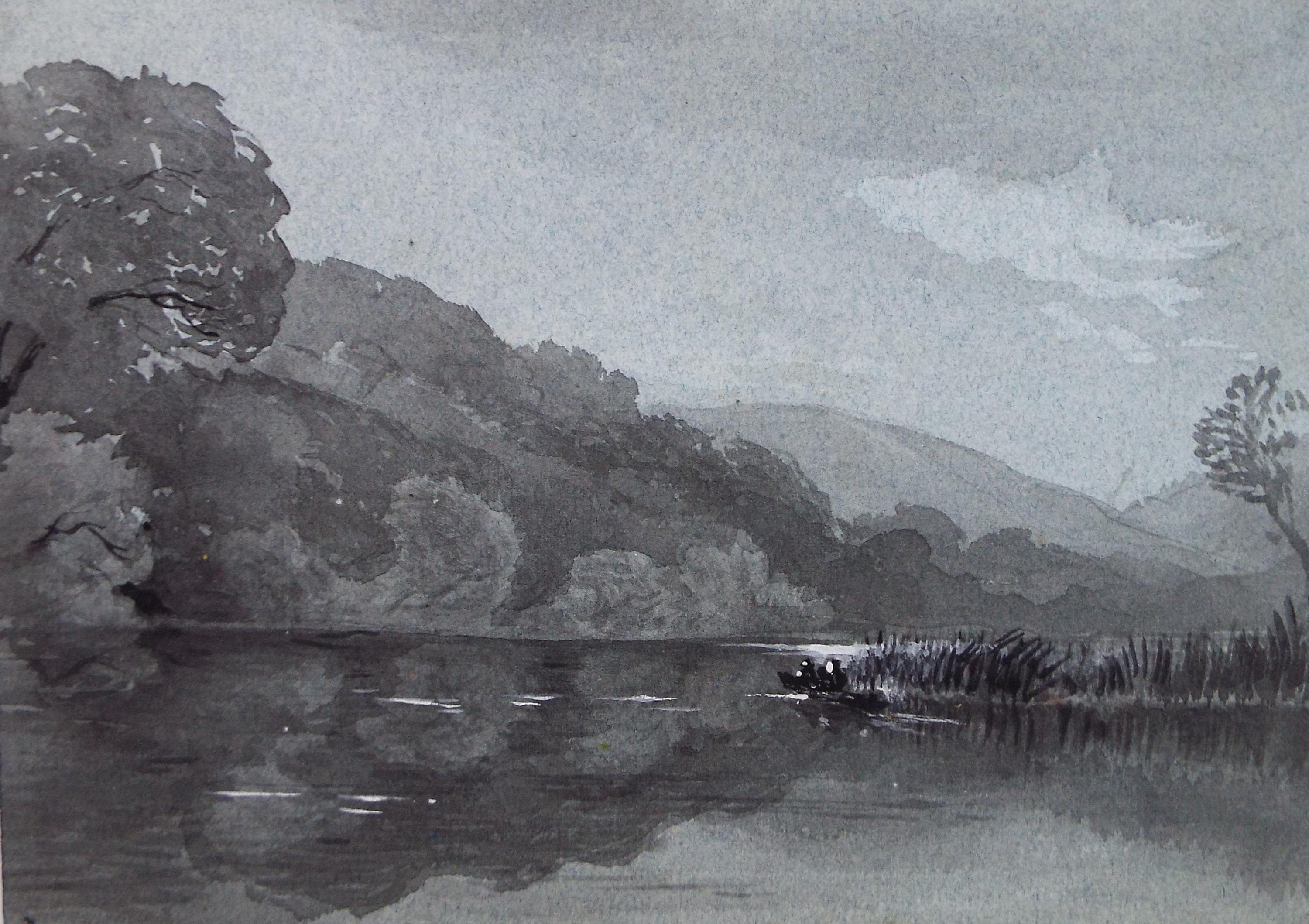 Original Watercolour, 'Fishing on the River', Artist Unknown, Circa 1880's