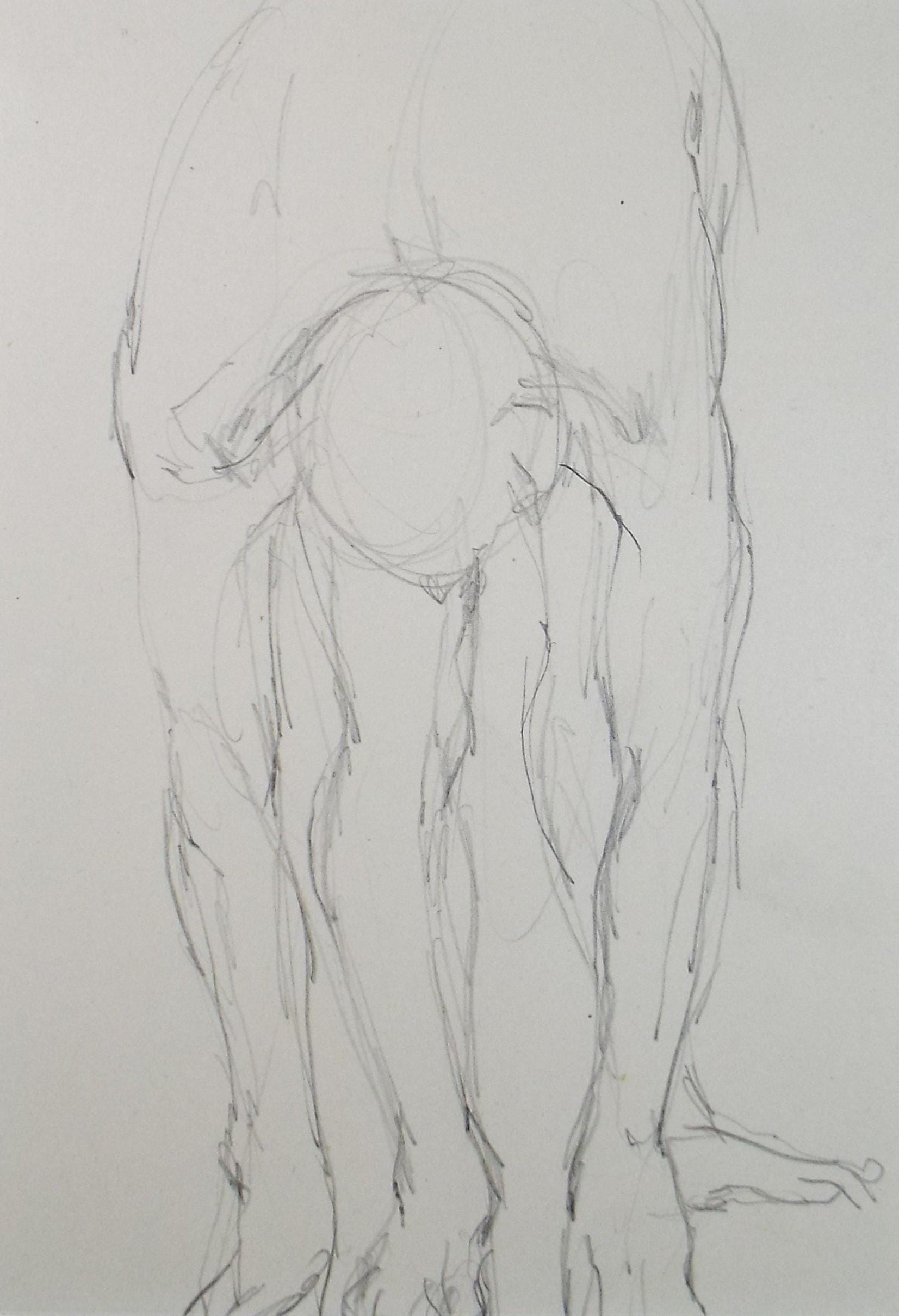 Pencil drawing 'crouching male', c1950s, C.D. Finley