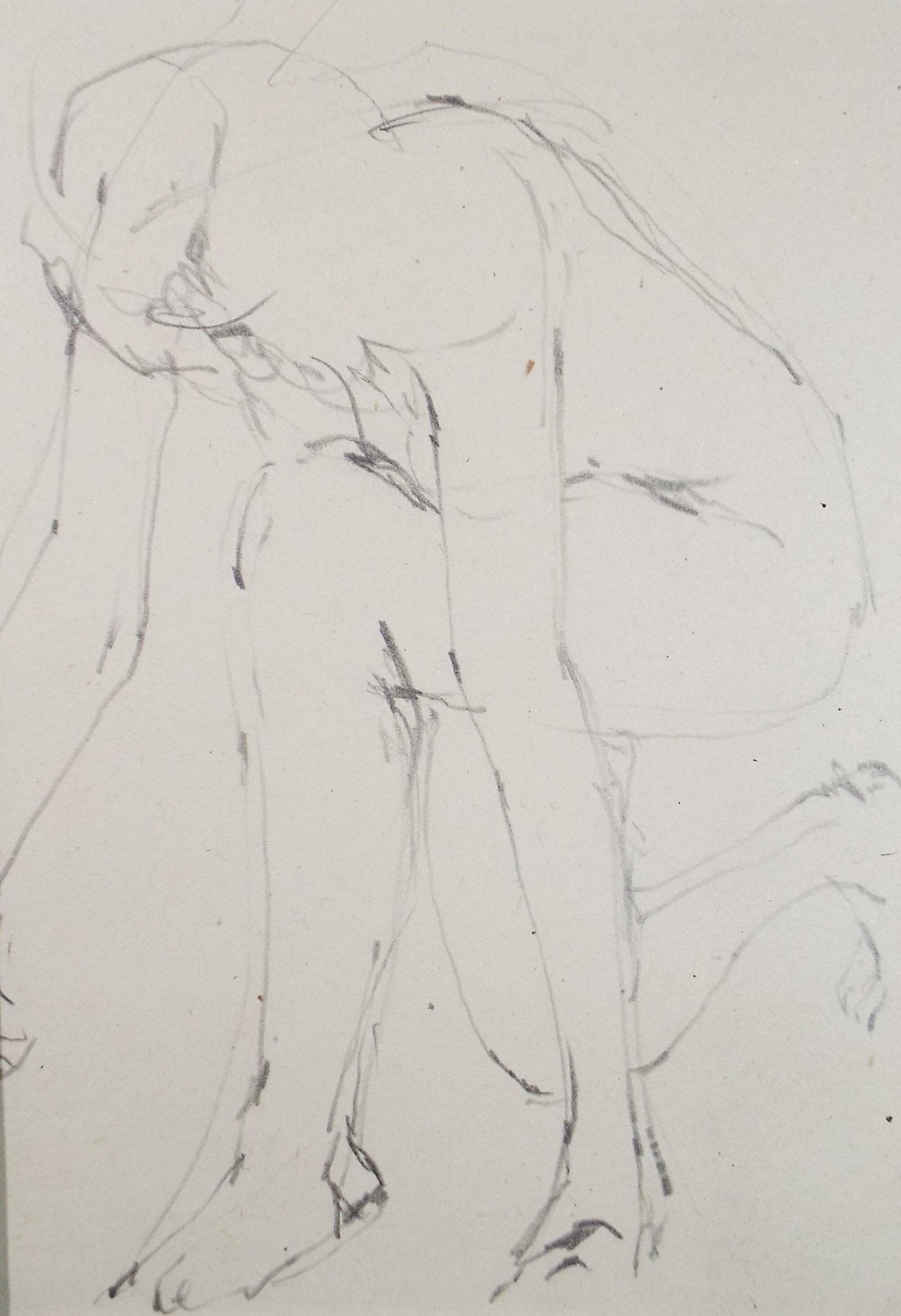 Pencil drawing 'crouching female', c1950s, C.D. Finley