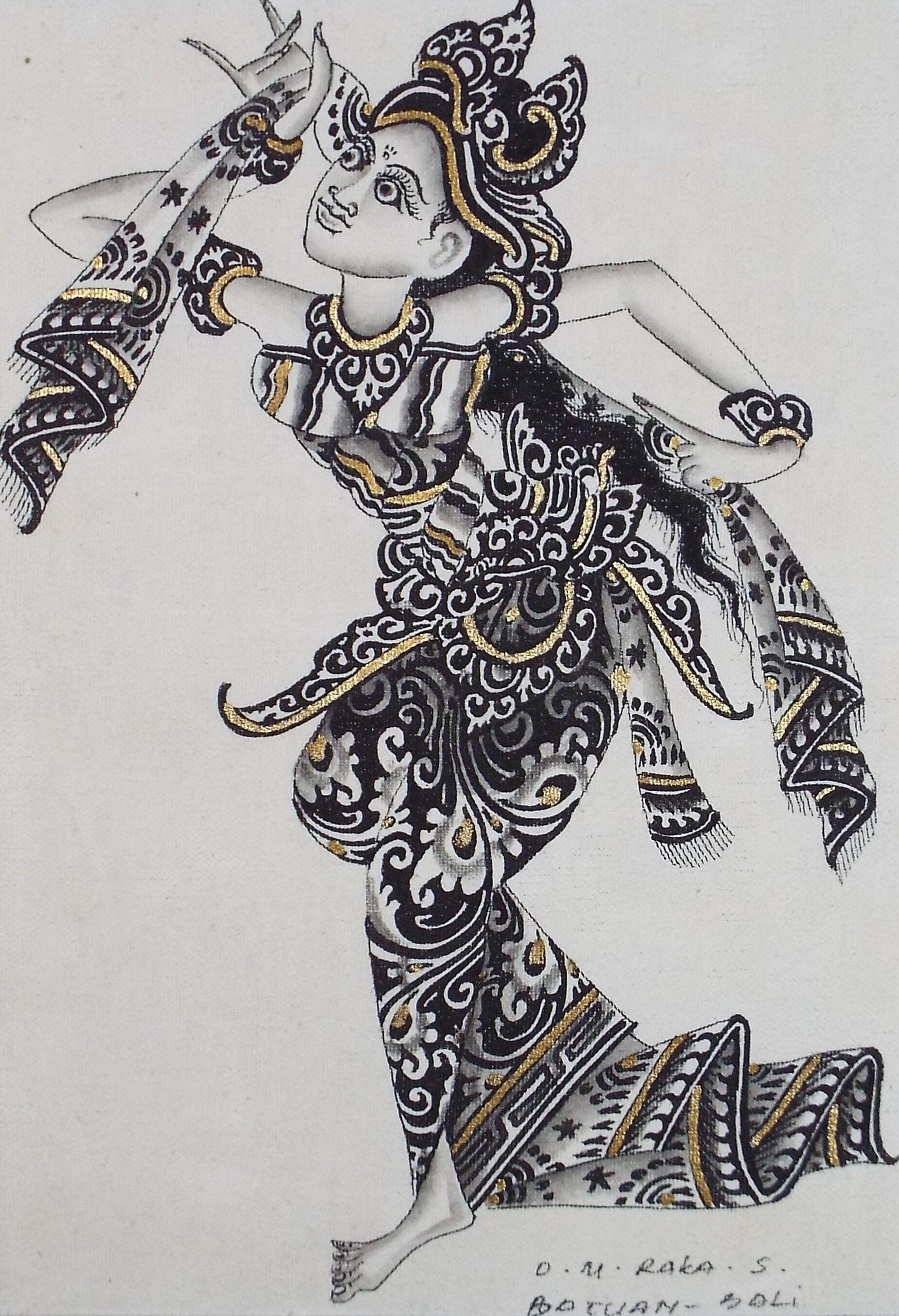 Acrylic & ink drawing 'Balinese Dancer', c1980s, D M Raka