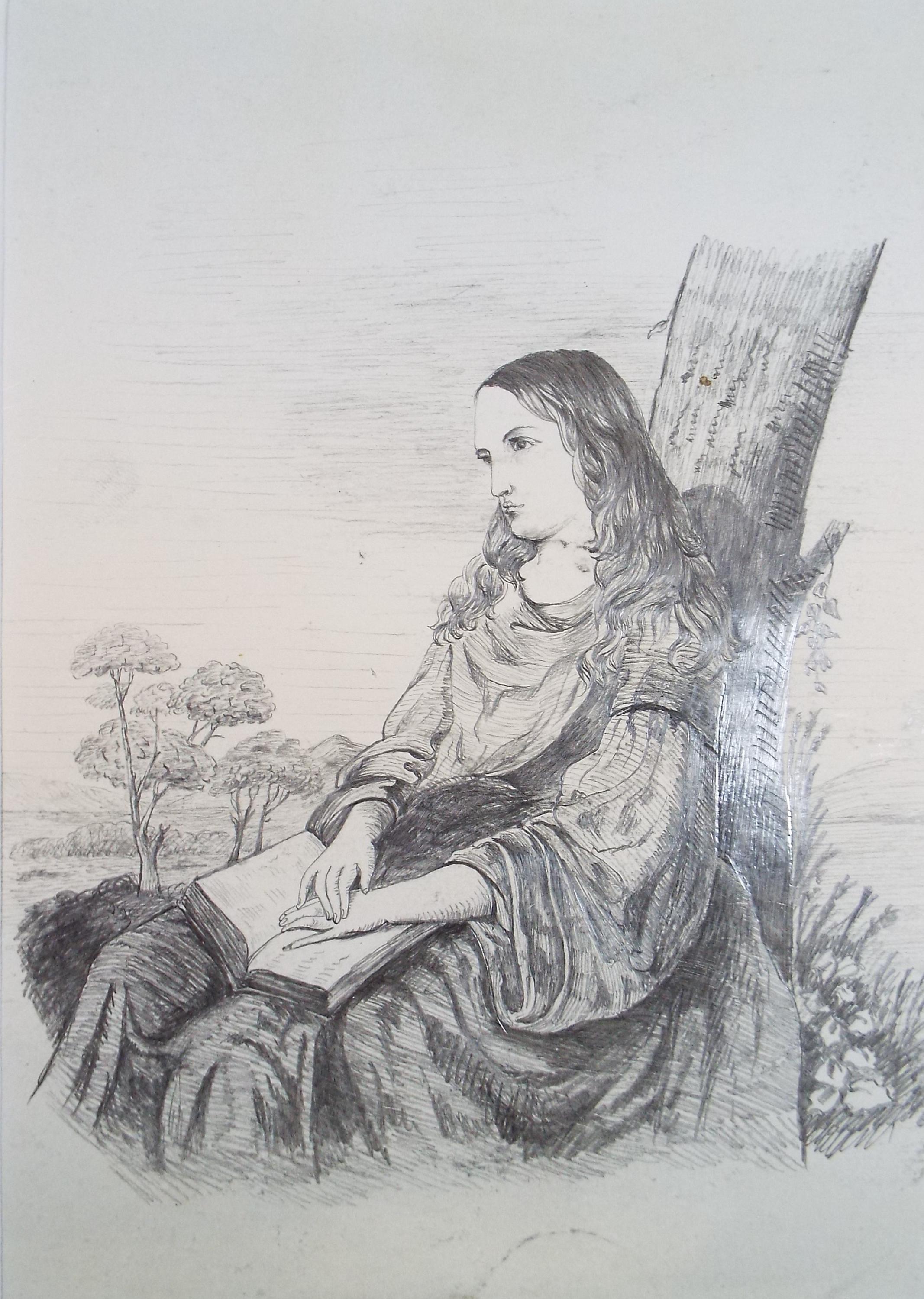 Original Pencil Drawing , 'Girl in Deep thought' Artist Unknown, Circa 1870