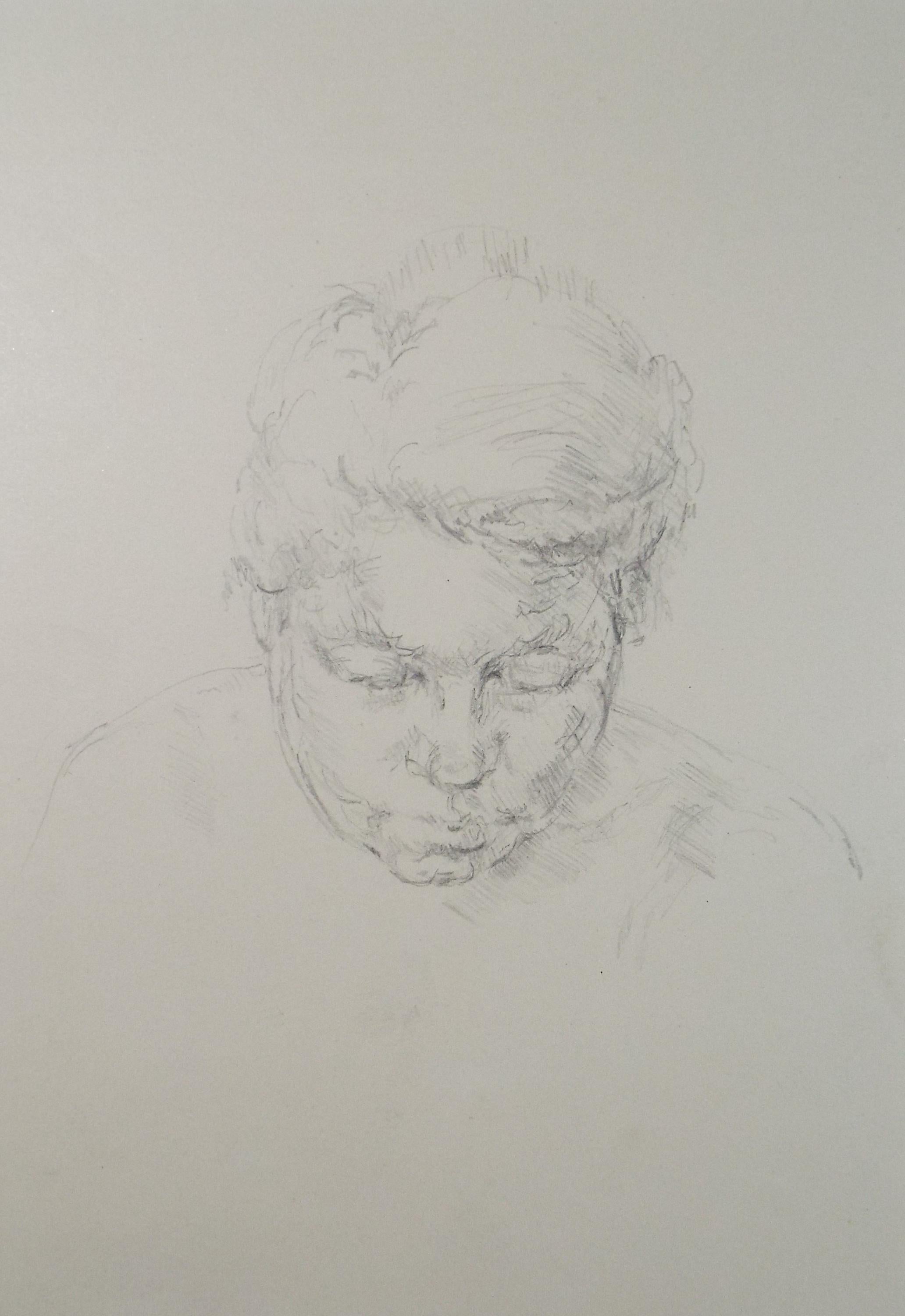 Pencil drawing, 'Woman in deep thought', 1950's, Mariota Bosanquet 1923 -2022