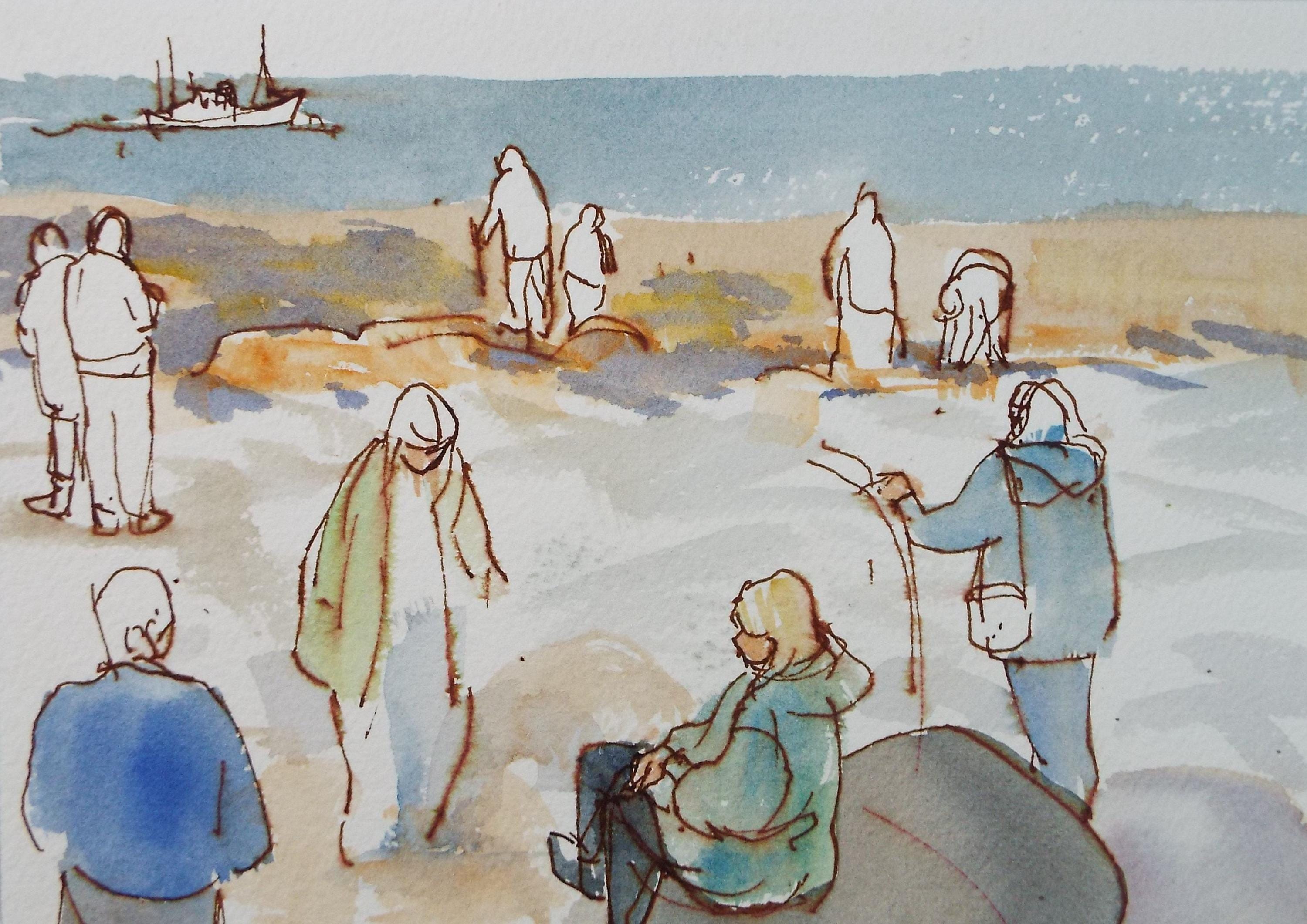 Original Watercolour,'Figures on the Beach', circa 1980's, Michael Stone b1922