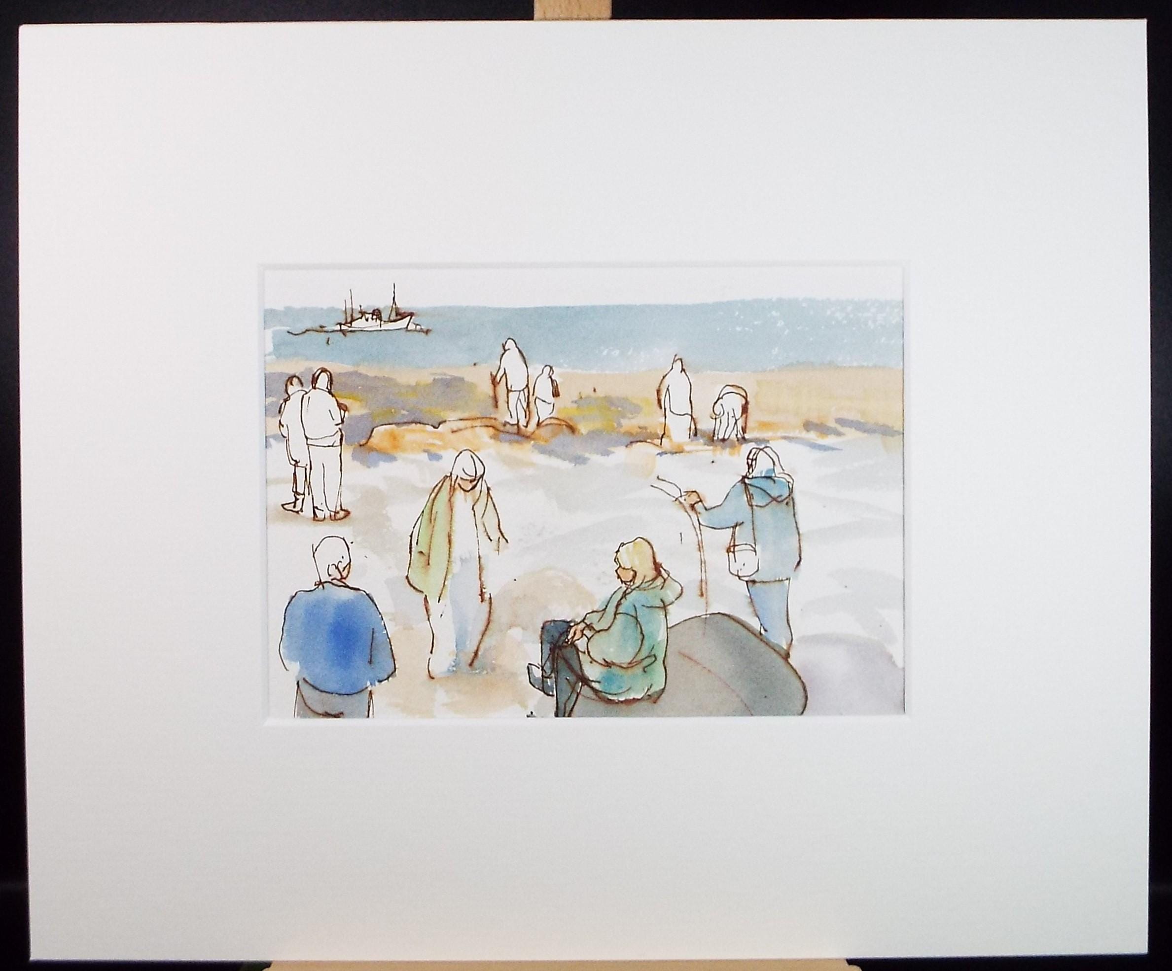 Original Watercolour,'Figures on the Beach', circa 1980's, Michael Stone b1922