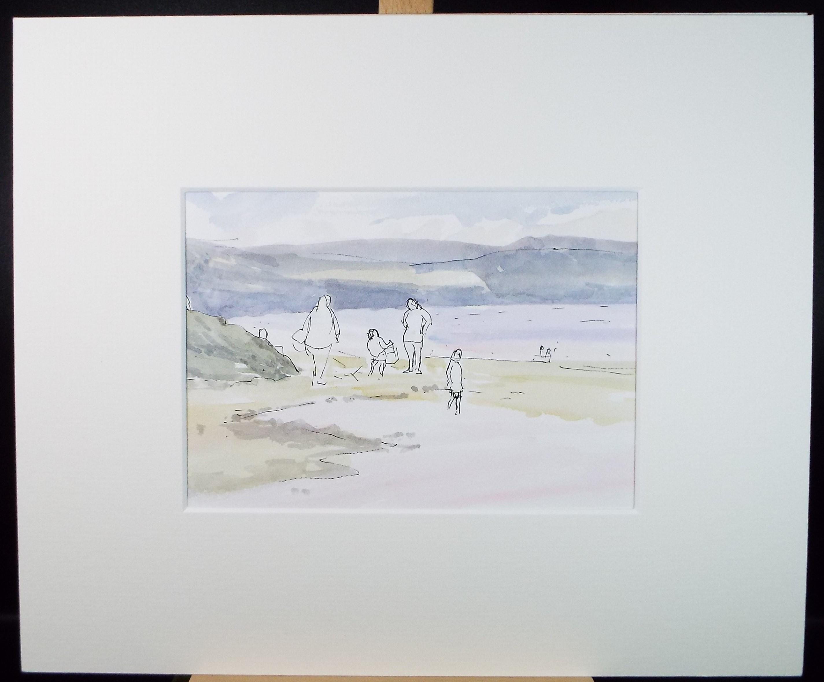 Original Watercolour,'Figures on the Beach', circa 1980's, Michael Stone b1922