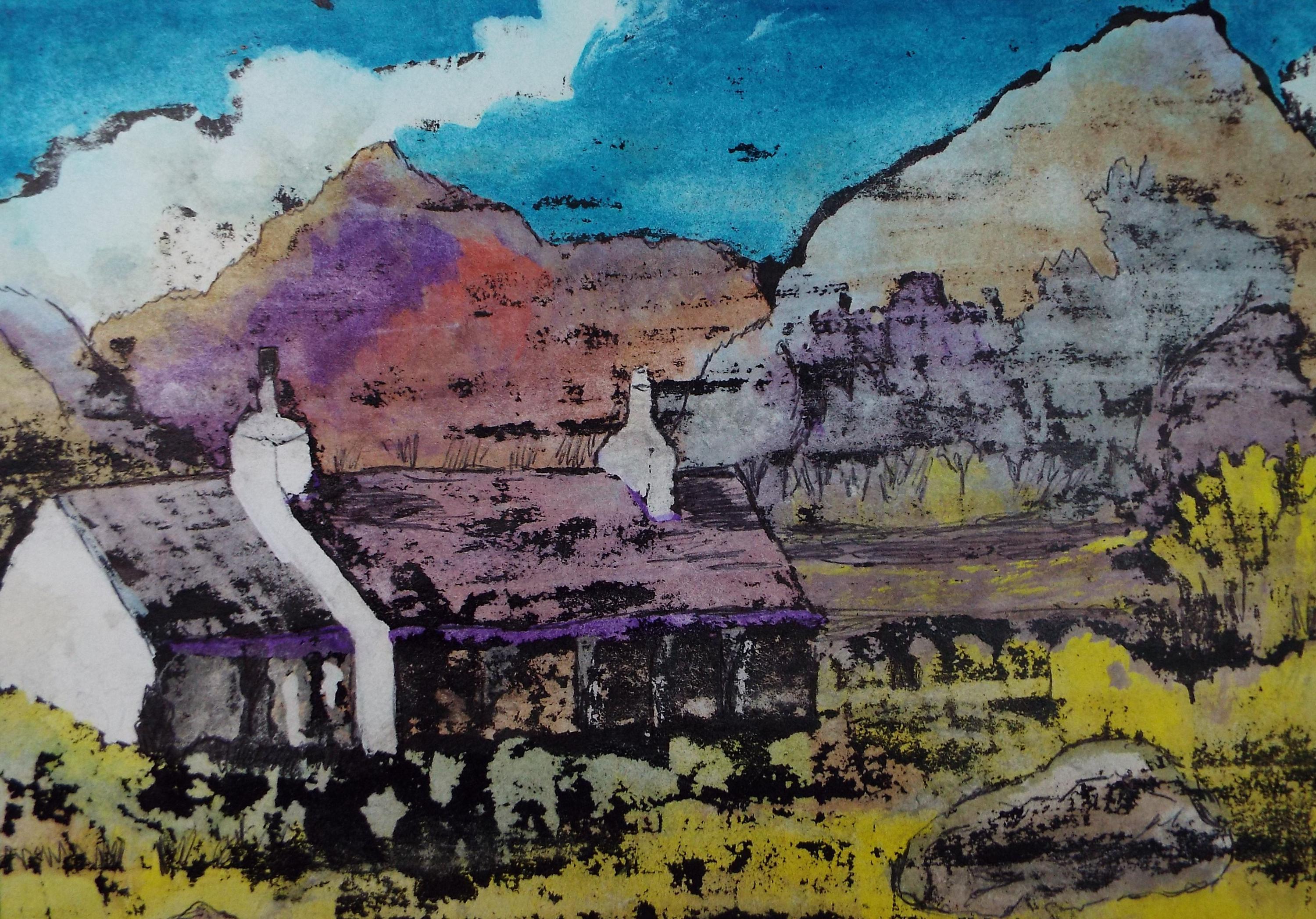 India Ink on Gouache, 'Croft in a Landscape', dated 1983, Marie. W. Hiorns