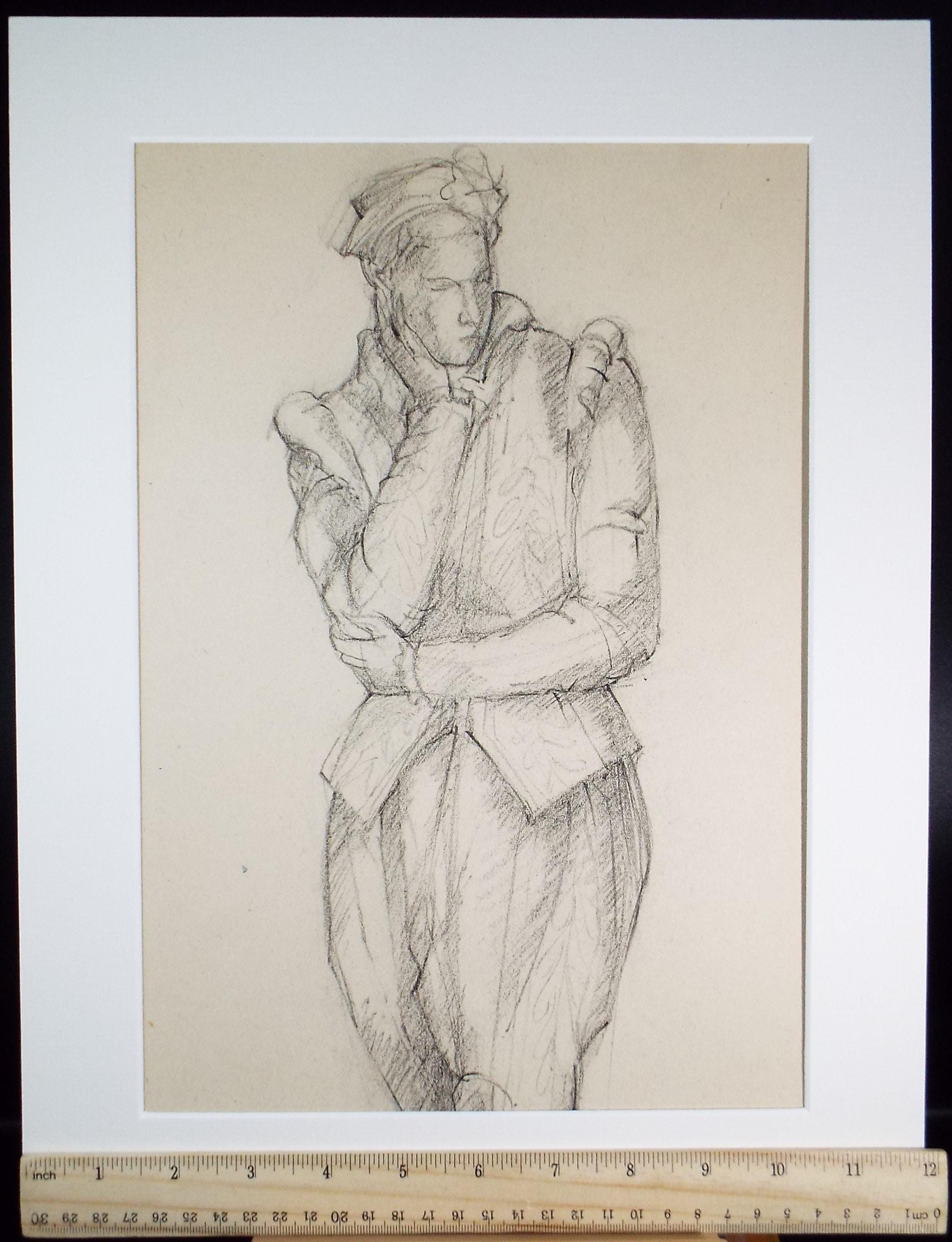 Pencil drawing 'Figure in Elizabethan dress', c1950s, C.D. Finley