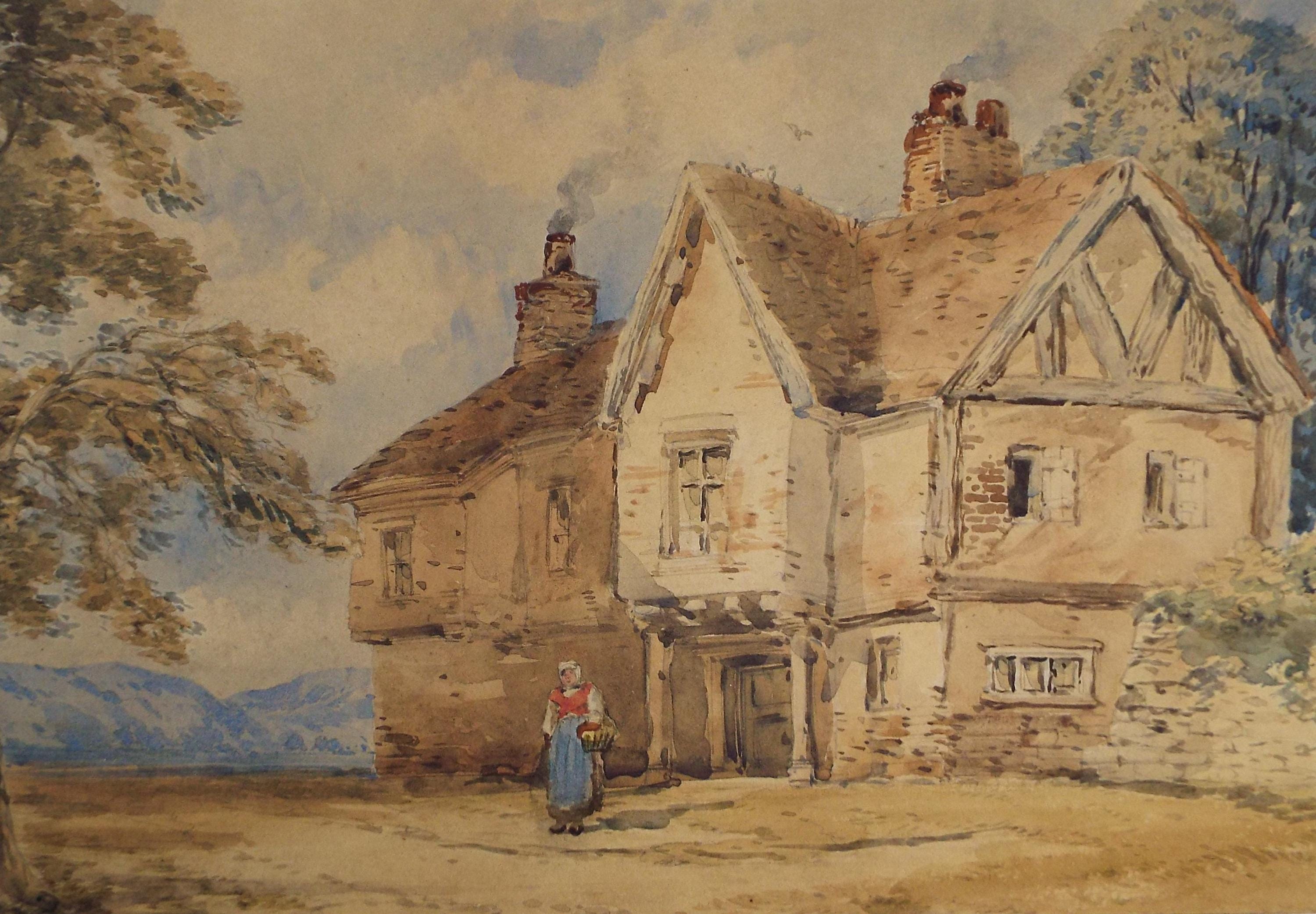 Original Watercolour, 'Woman before a Country Cottage', Late 19th Century, Artist Unknown