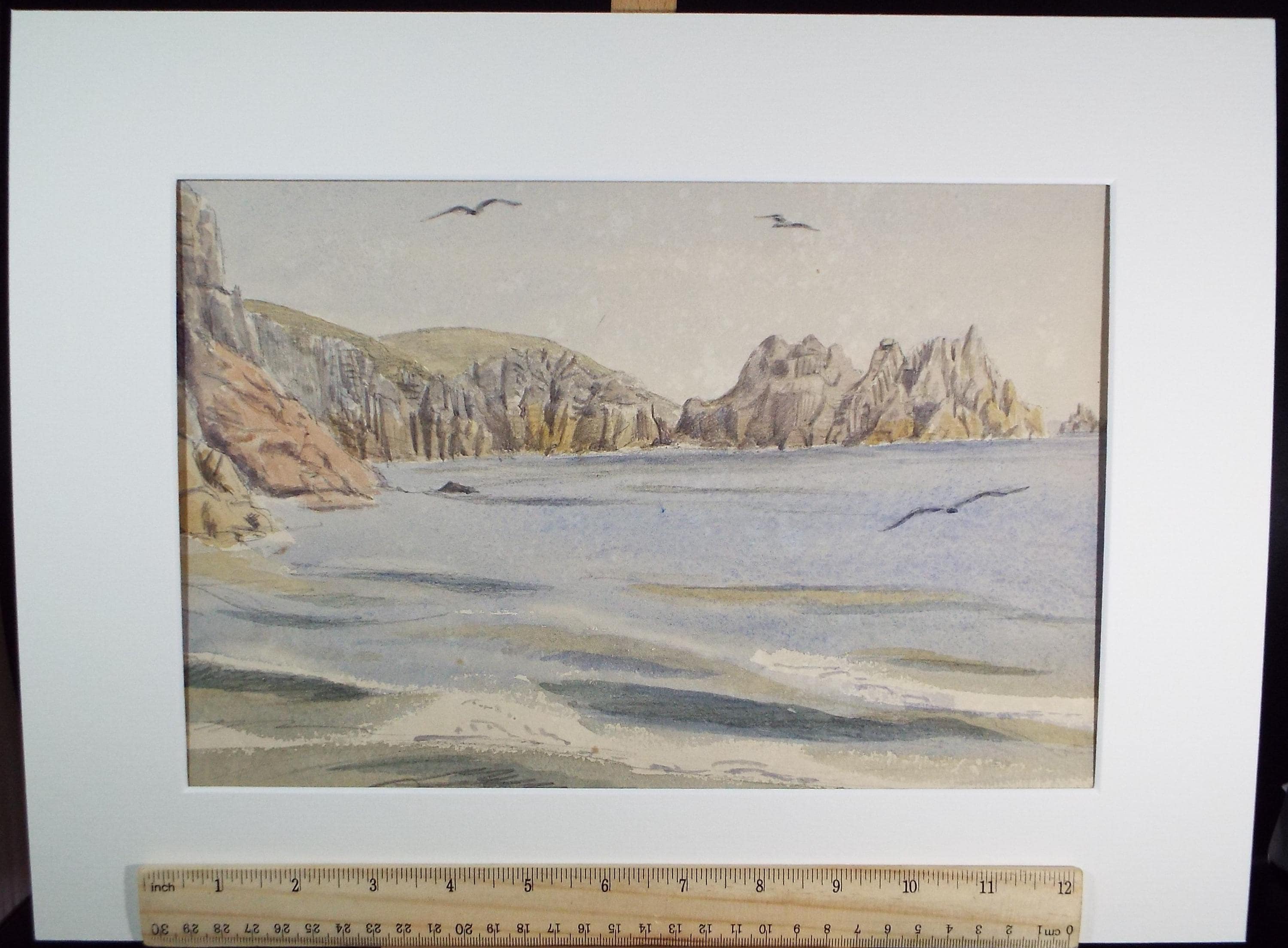 Original Watercolour , 'Bay with Rocky cliffs', Unknown Artist - Marine Landscape, circa 1880