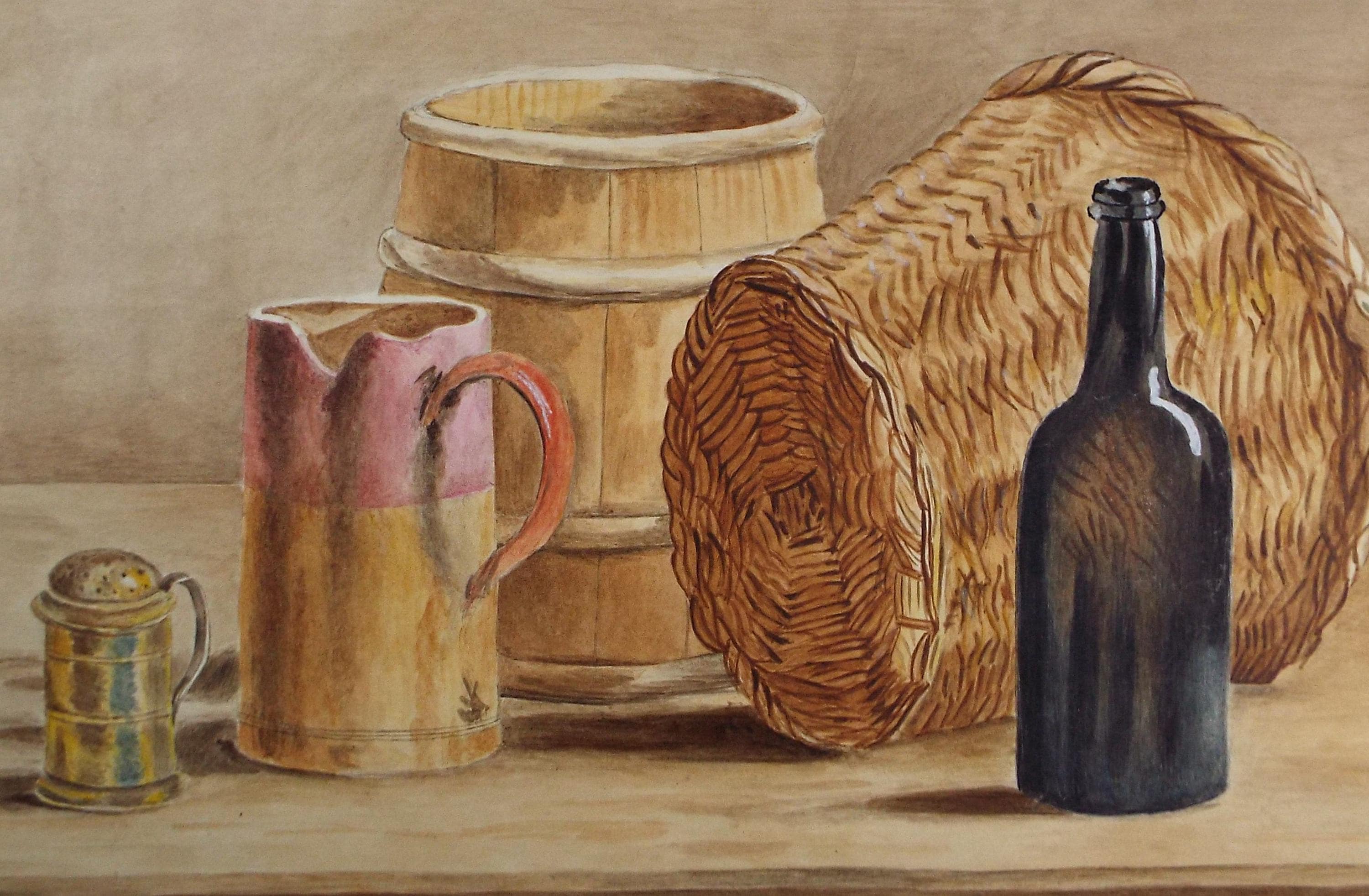 Original Watercolour, 'Still Life of Baskets and Bottles',circa 1880, unknown artist