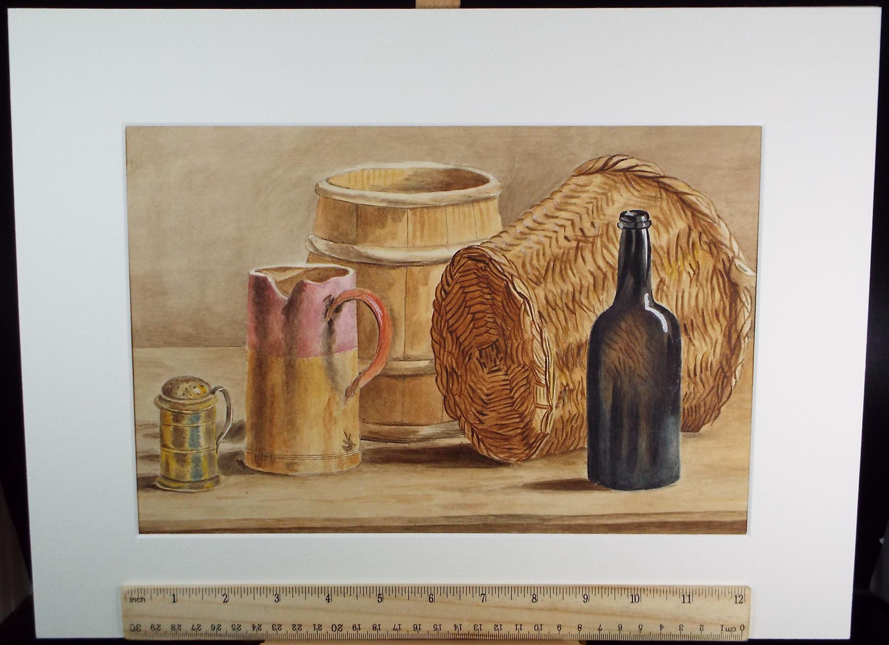 Original Watercolour, 'Still Life of Baskets and Bottles',circa 1880, unknown artist