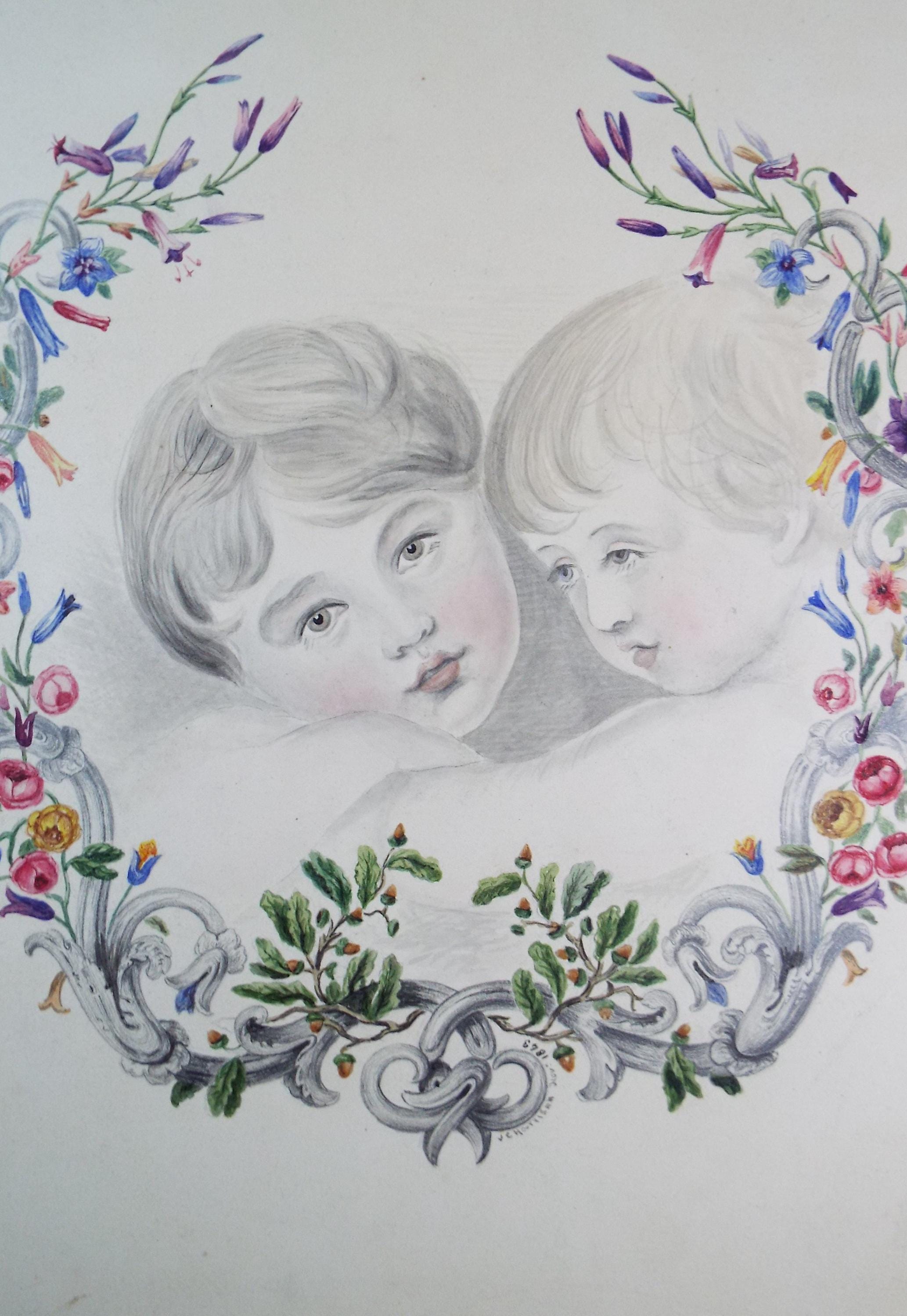 Original Pencil & watercolour Drawing,'Two Sisters', Artist Unknown, Late 19th Century