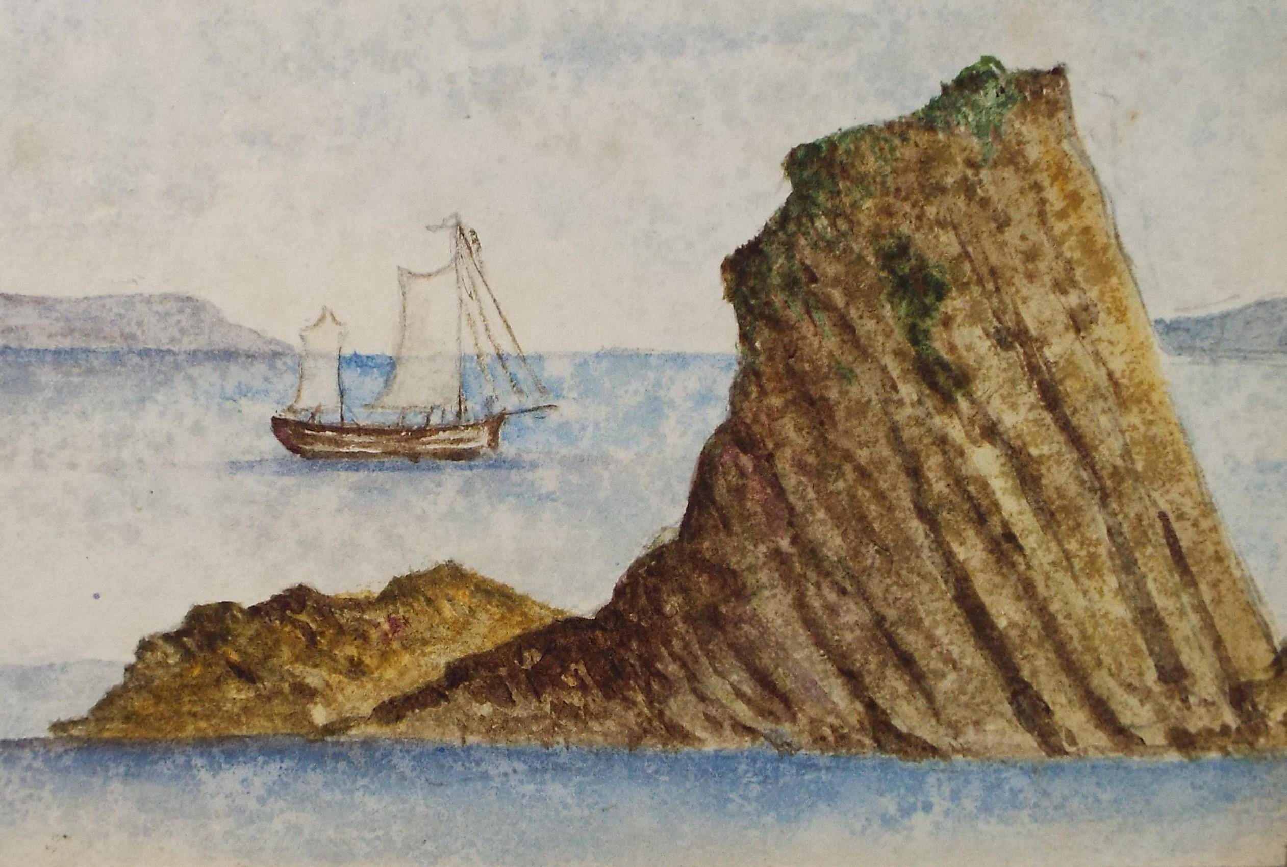 Original Watercolour circa 1890, 'Sailing off the coast', Unknown Artist - Marine Landscape