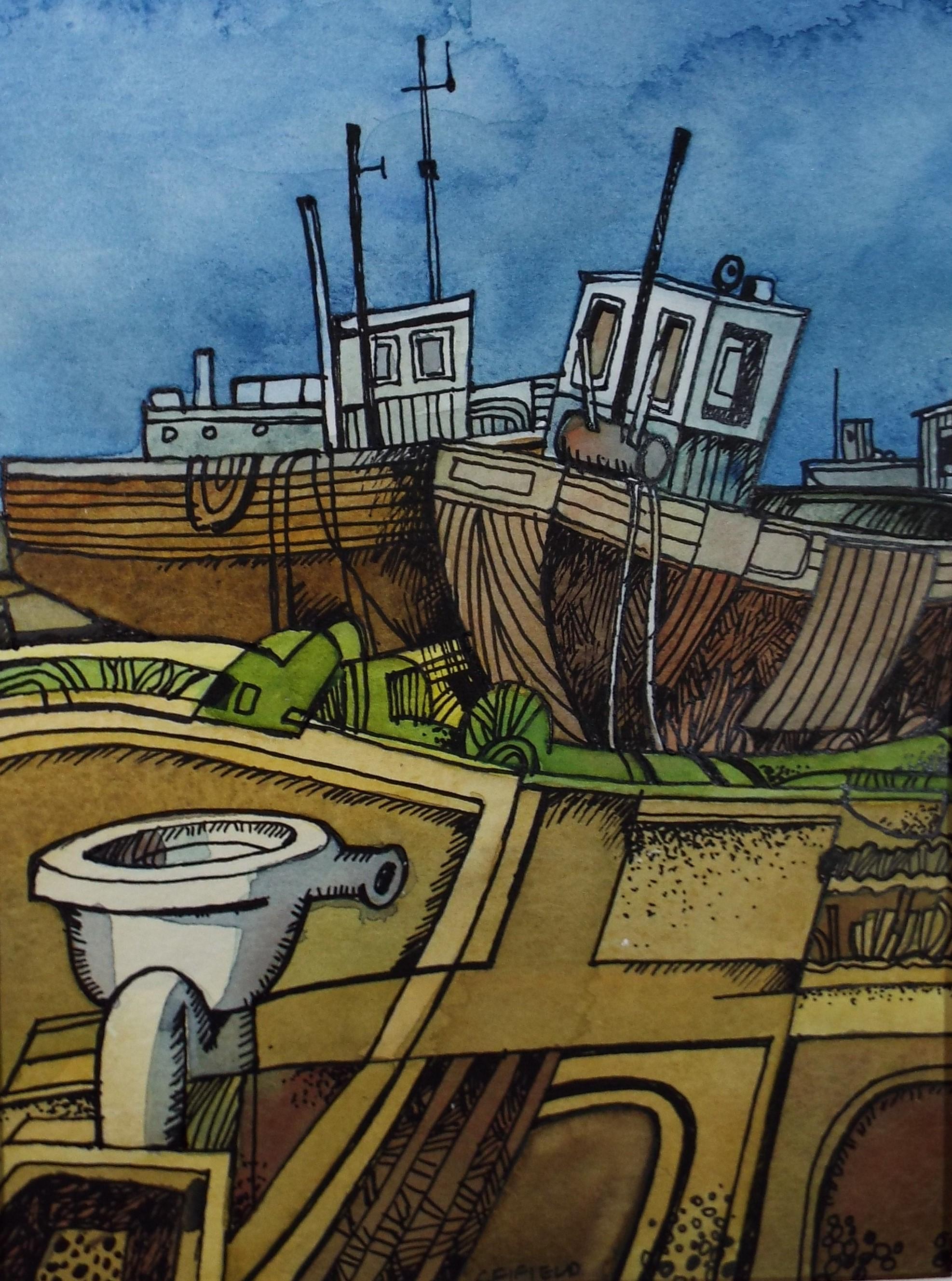 Original Watercolour & Ink , 'Boats at Dungeness', Colin Fifield (1940-2022), Dated 1998