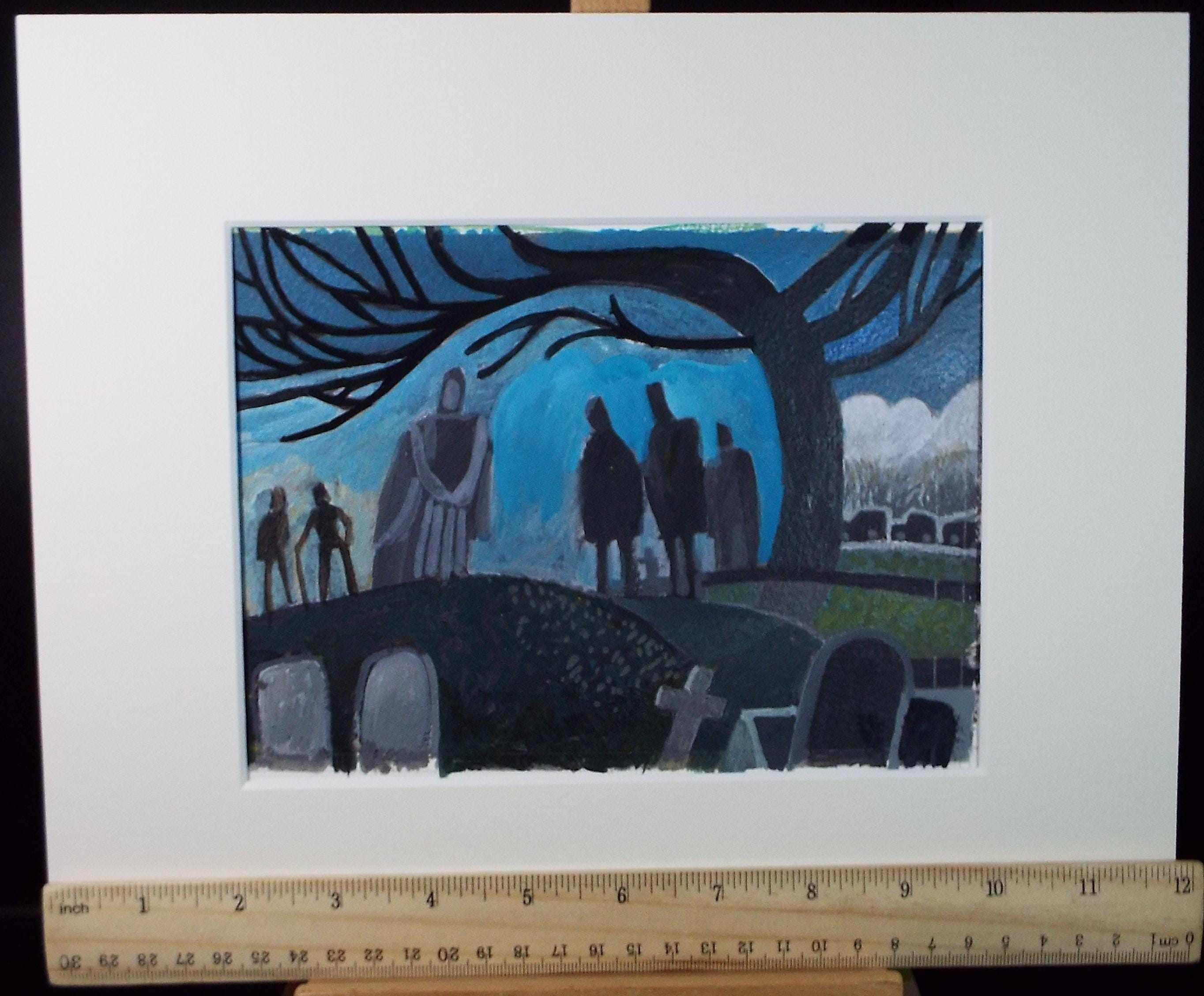 Original Watercolour Gouache , 'Figures in a Graveyard', Colin Fifield (1940-2022), circa 1980's