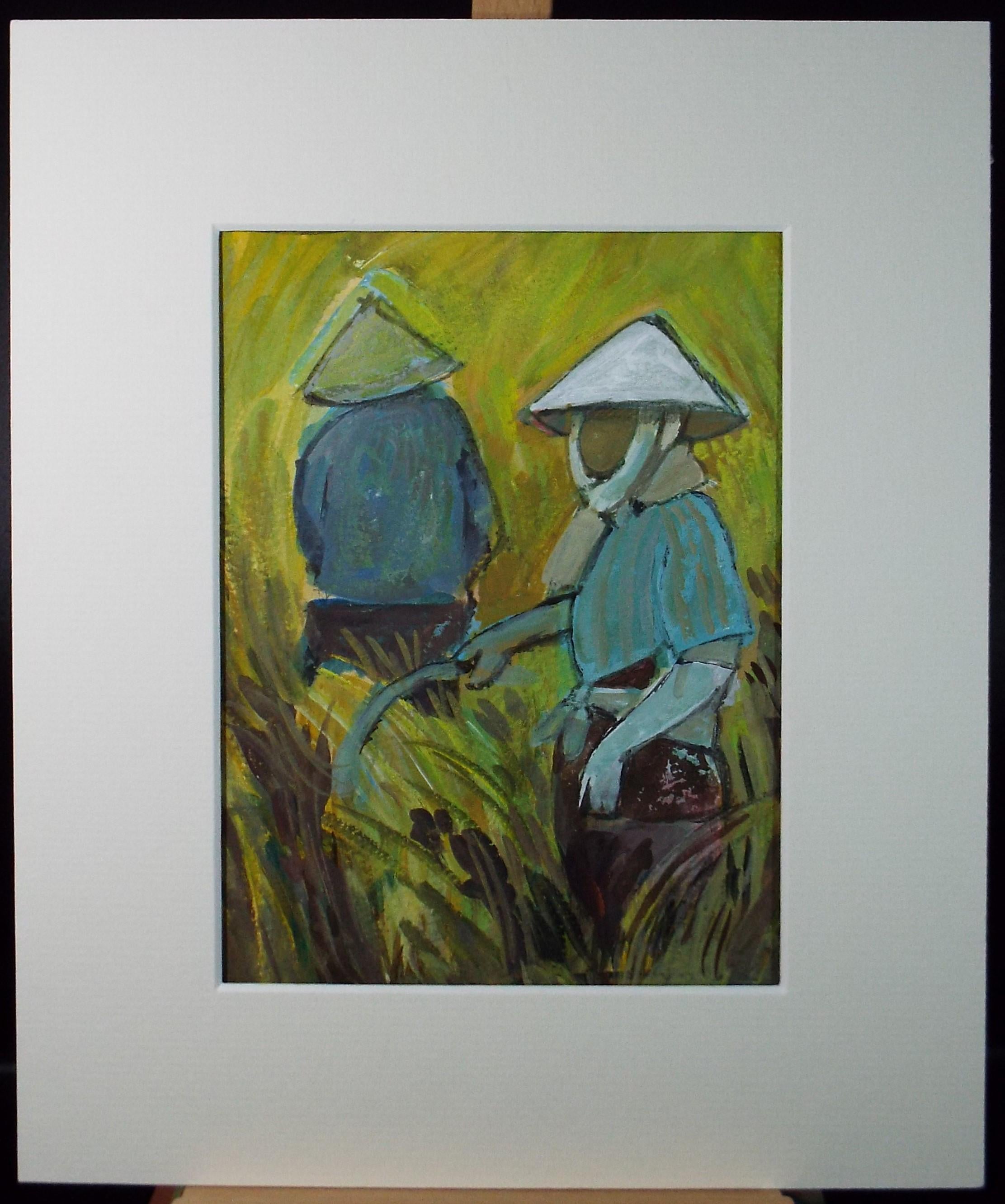 Original Watercolour Gouache , 'Harvesting Rice', Colin Fifield (1940-2022), circa 1980's