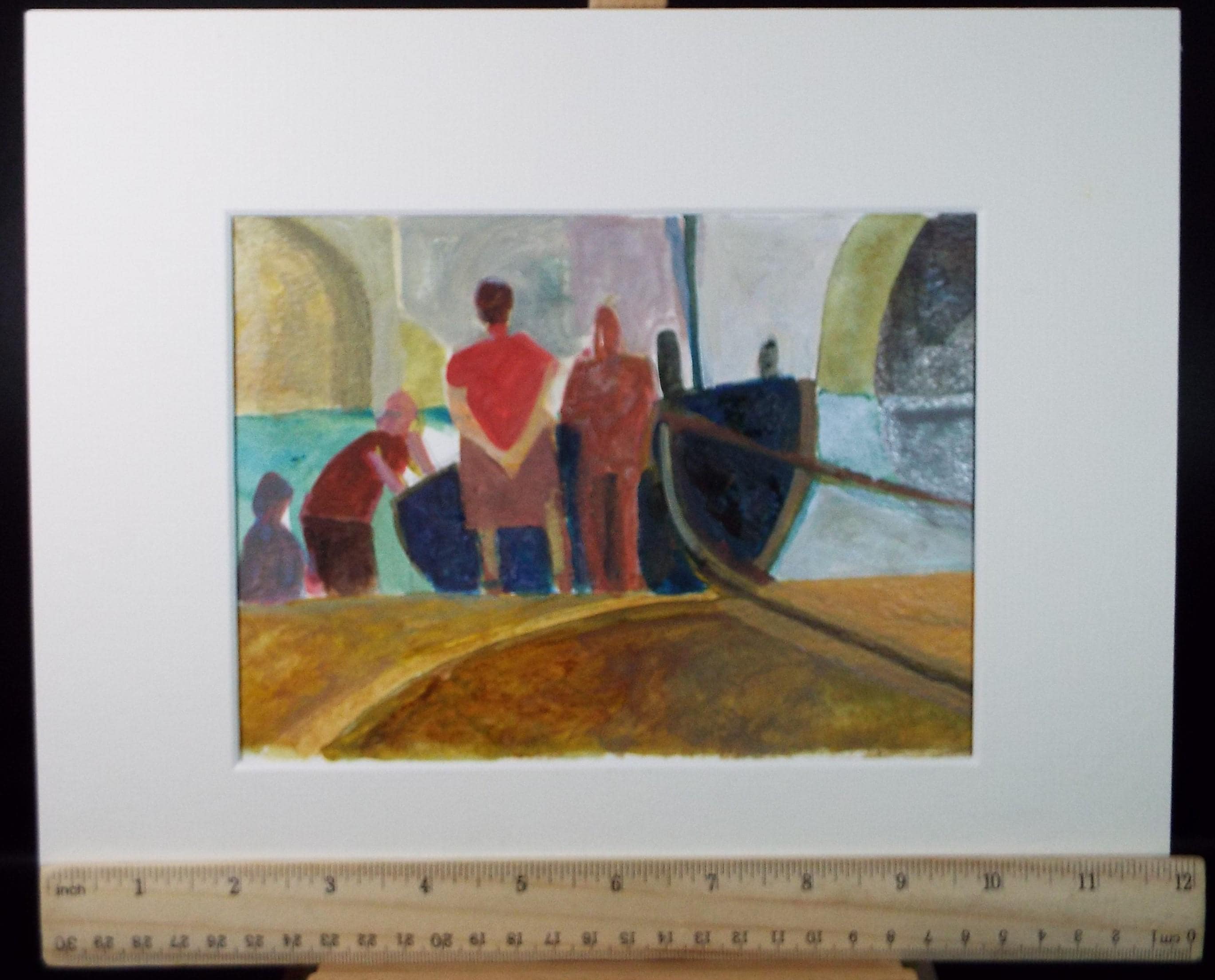 Original Watercolour Gouache , 'Figures and Boat on the shore', Colin Fifield (1940-2022), circa 1980's