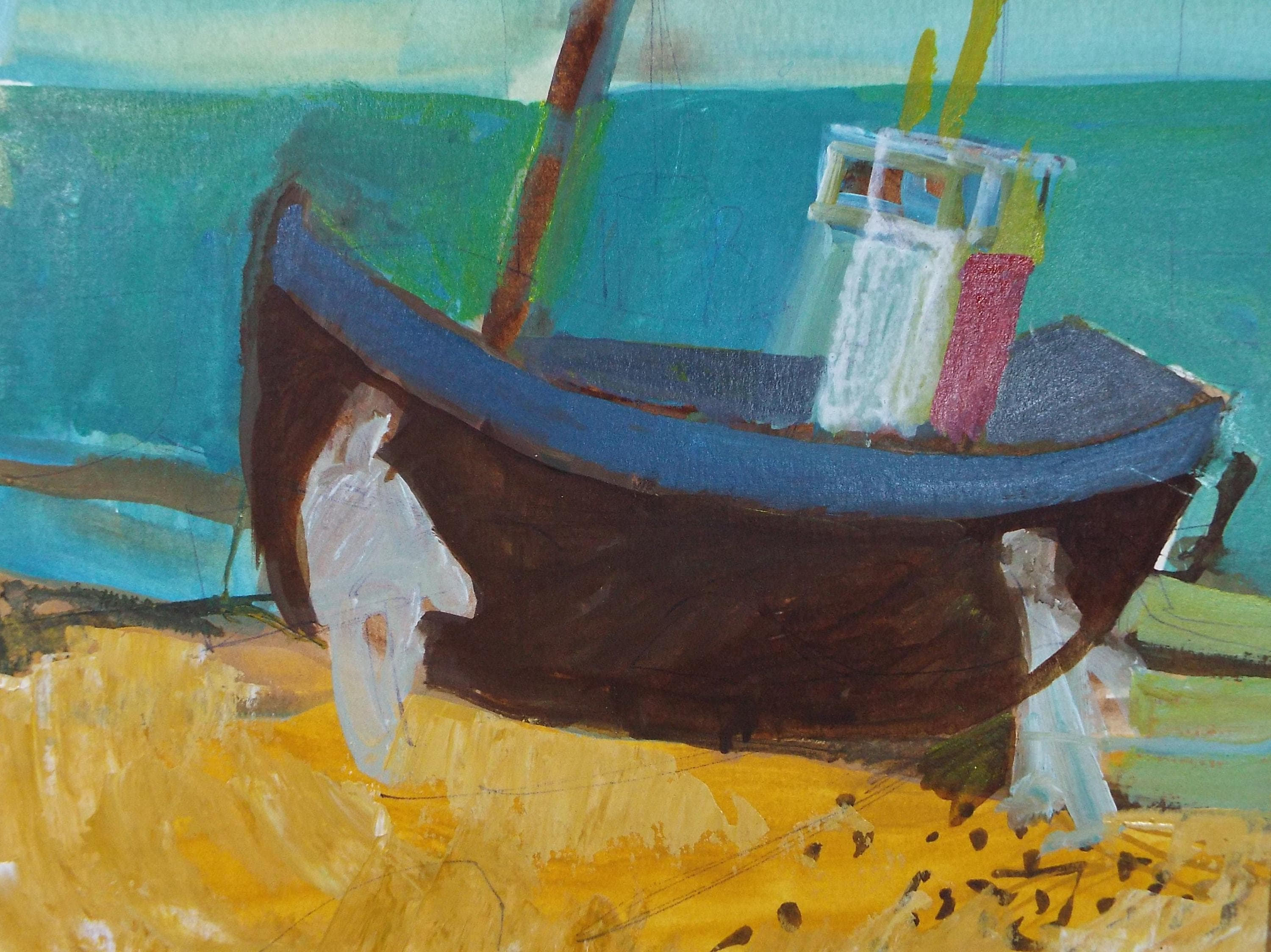 Original Watercolour Gouache , 'Figures and Boat on the shore', Colin Fifield (1940-2022), circa 1980's