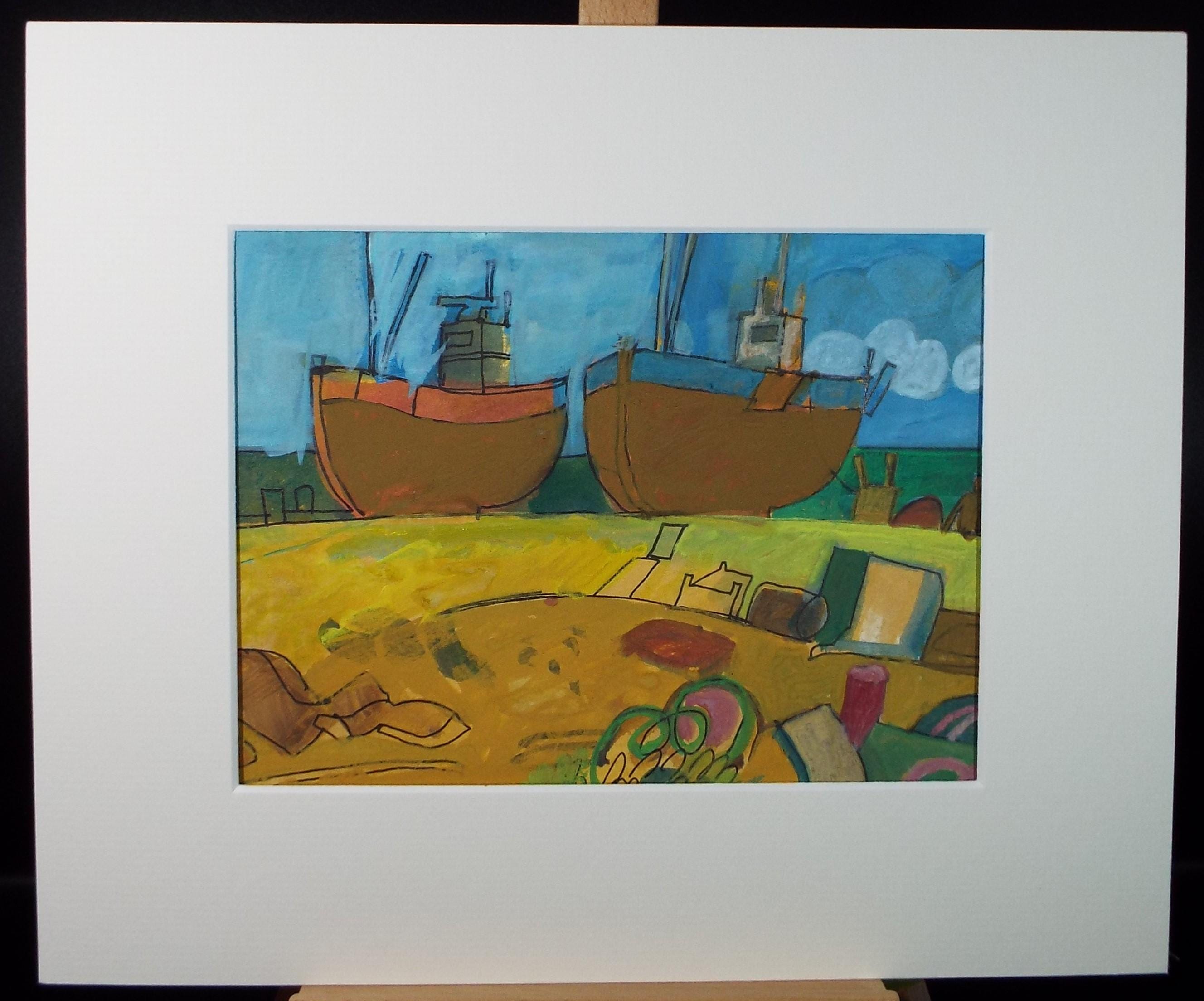 Original Watercolour Gouache , 'Boats on the shore', Colin Fifield (1940-2022), circa 1980's